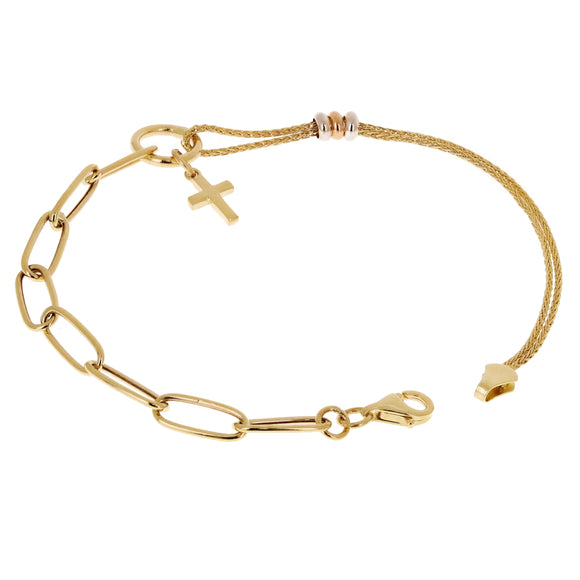 Italian 14k Tri Color Gold Wheat & Paper Clip Cross Charm Bracelet 7.5