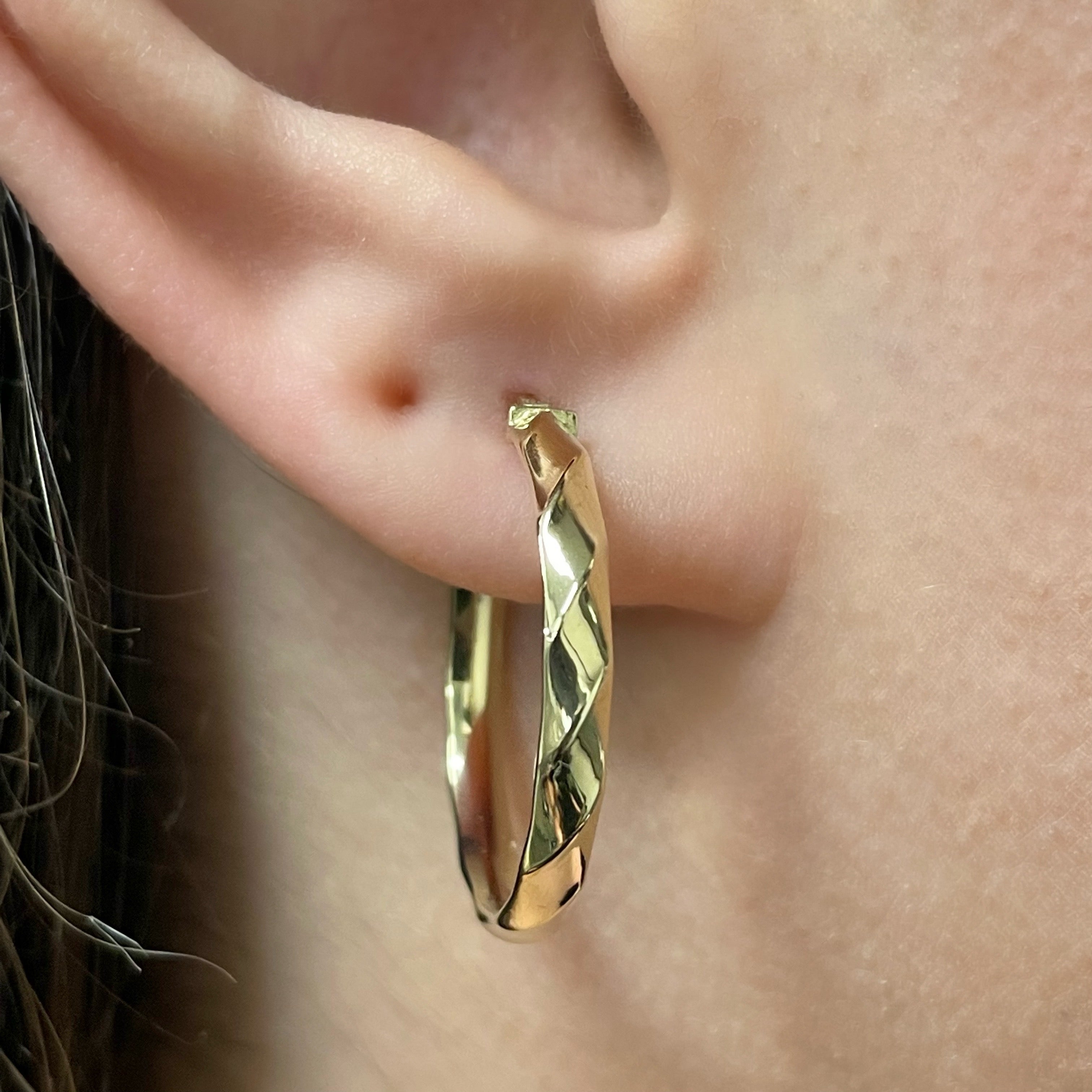 Italian 14k Yellow Gold Rope Design Medium Hollow Hoop Earrrings