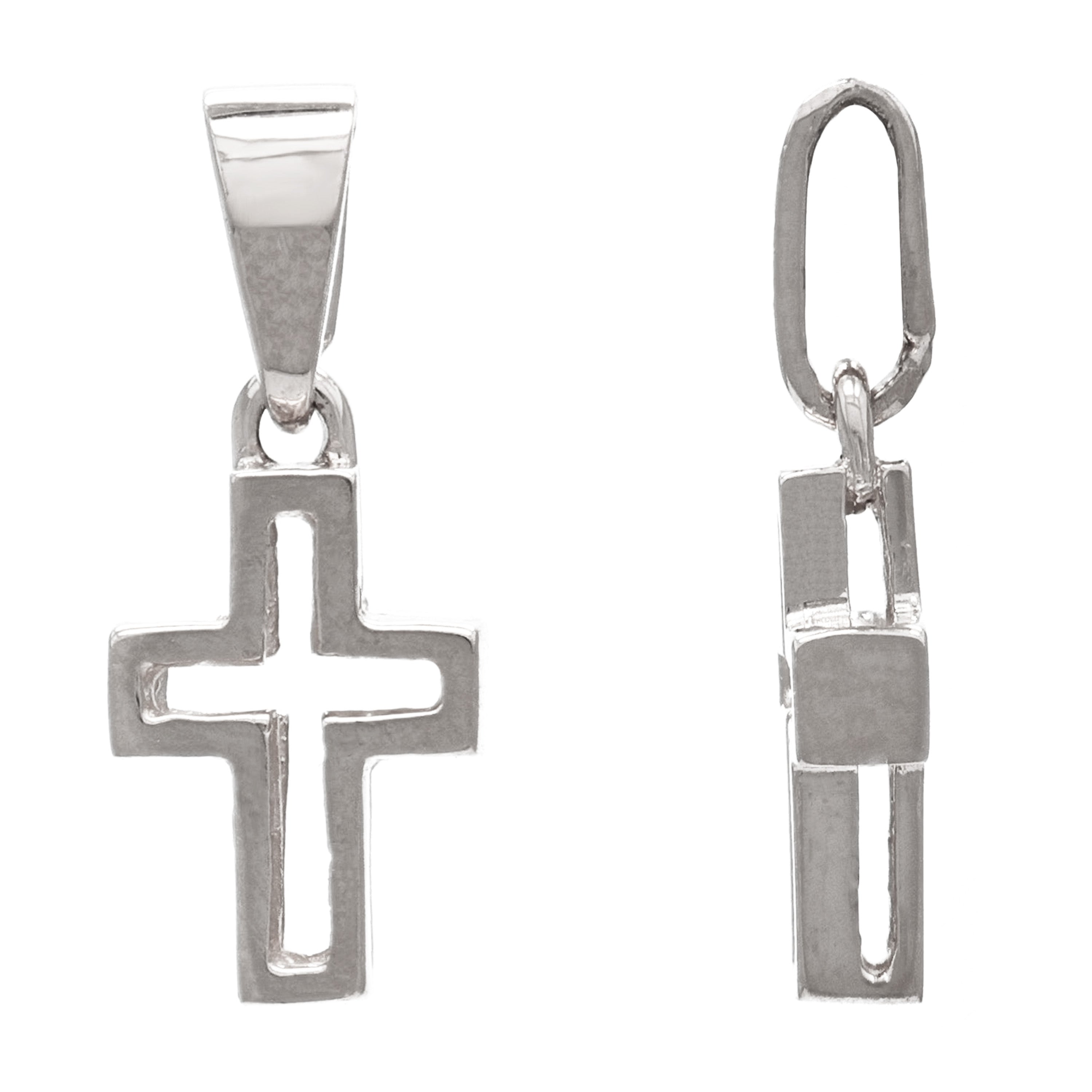 14k White Gold Small Double Sided Open 3D Cross Religious Charm Pendant 1.2g - White