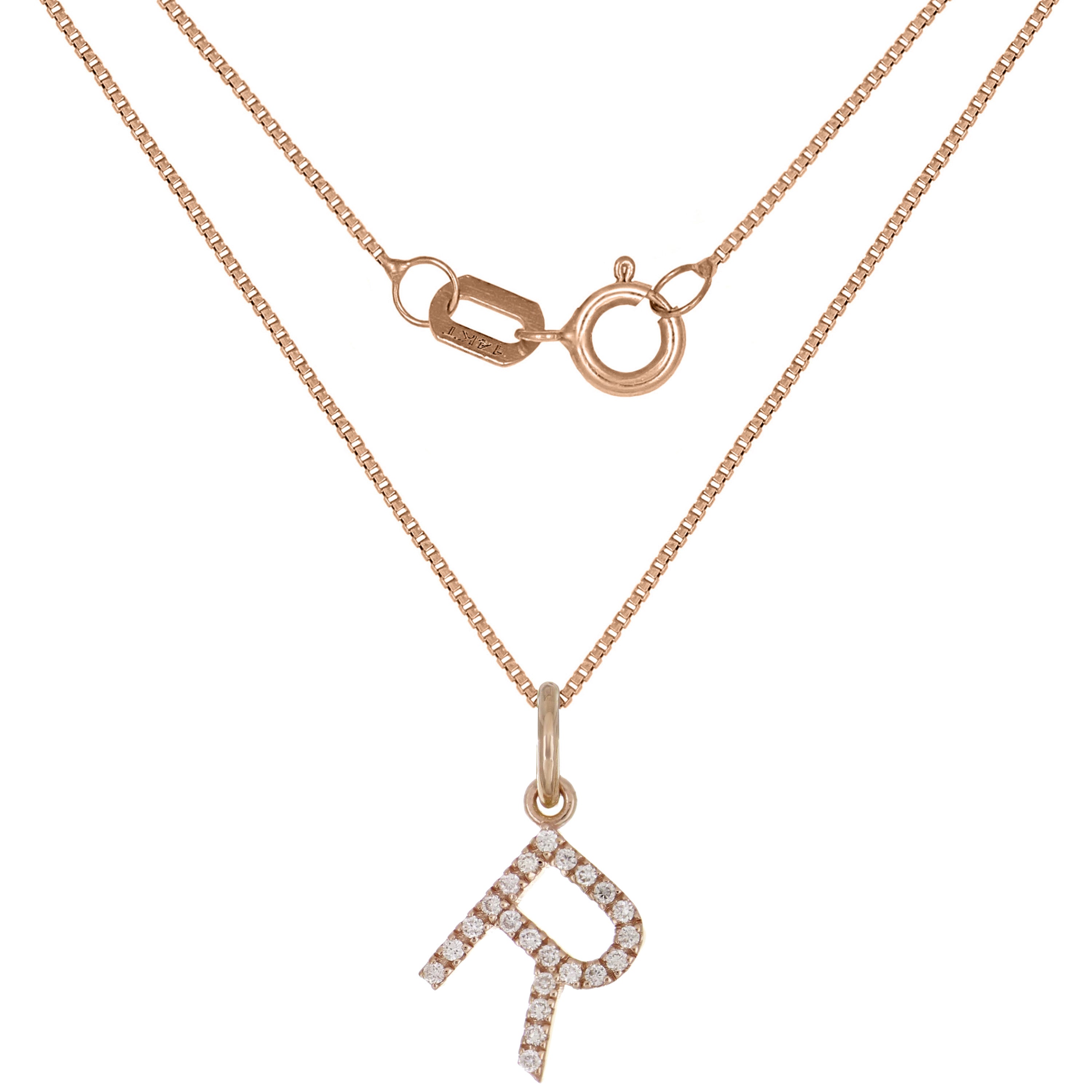 14k Rose Gold Diamond Initial Letter R Charm Pendant Necklace 18" - Letter R,Rose