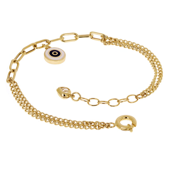Italian 14k Yellow Gold Double Cuban & Paper Clip Evil Eye Charm Bracelet 7.5