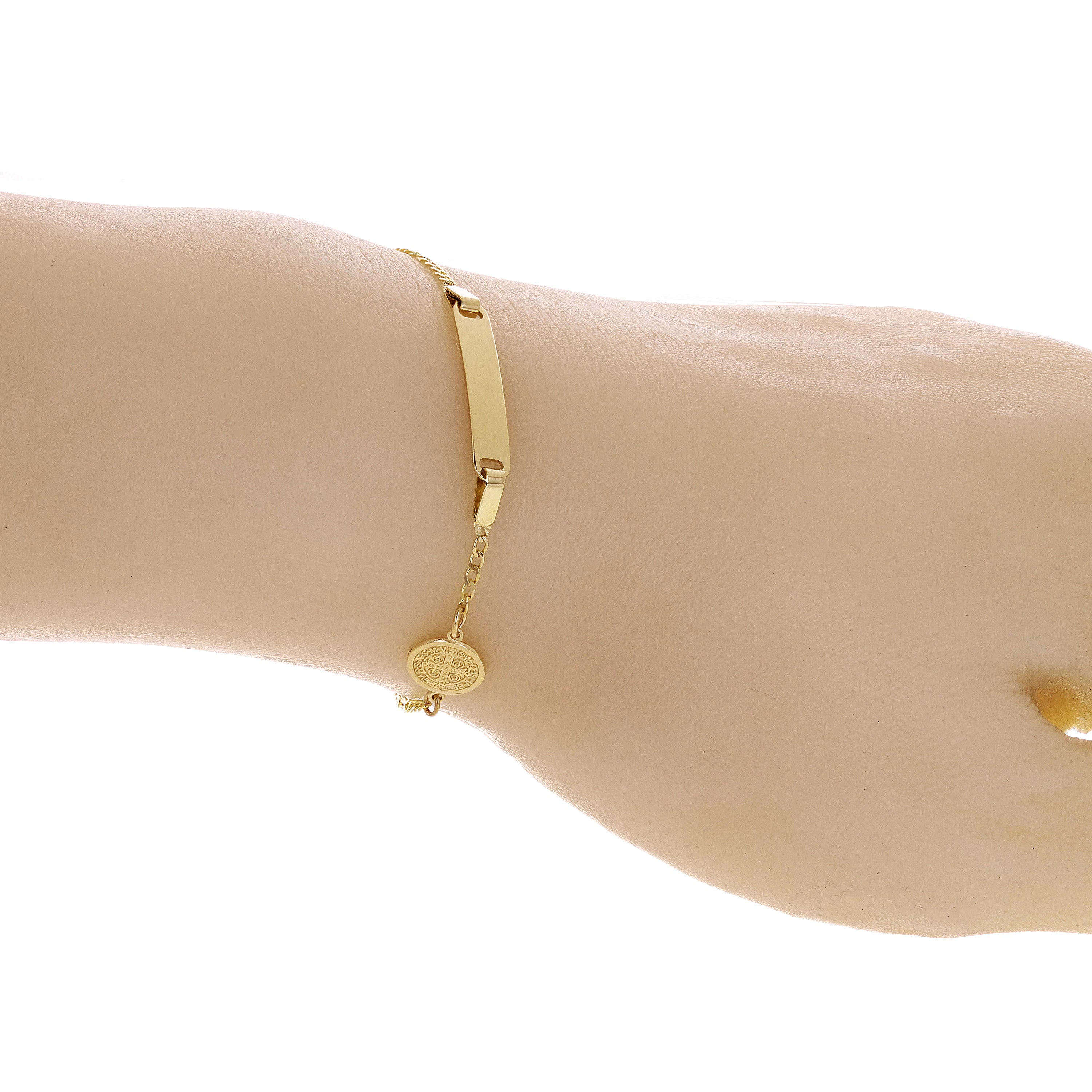 Italian 14k Yellow Gold Engravable St. Benedict Charm Baby ID Bracelet 5.5" 2g