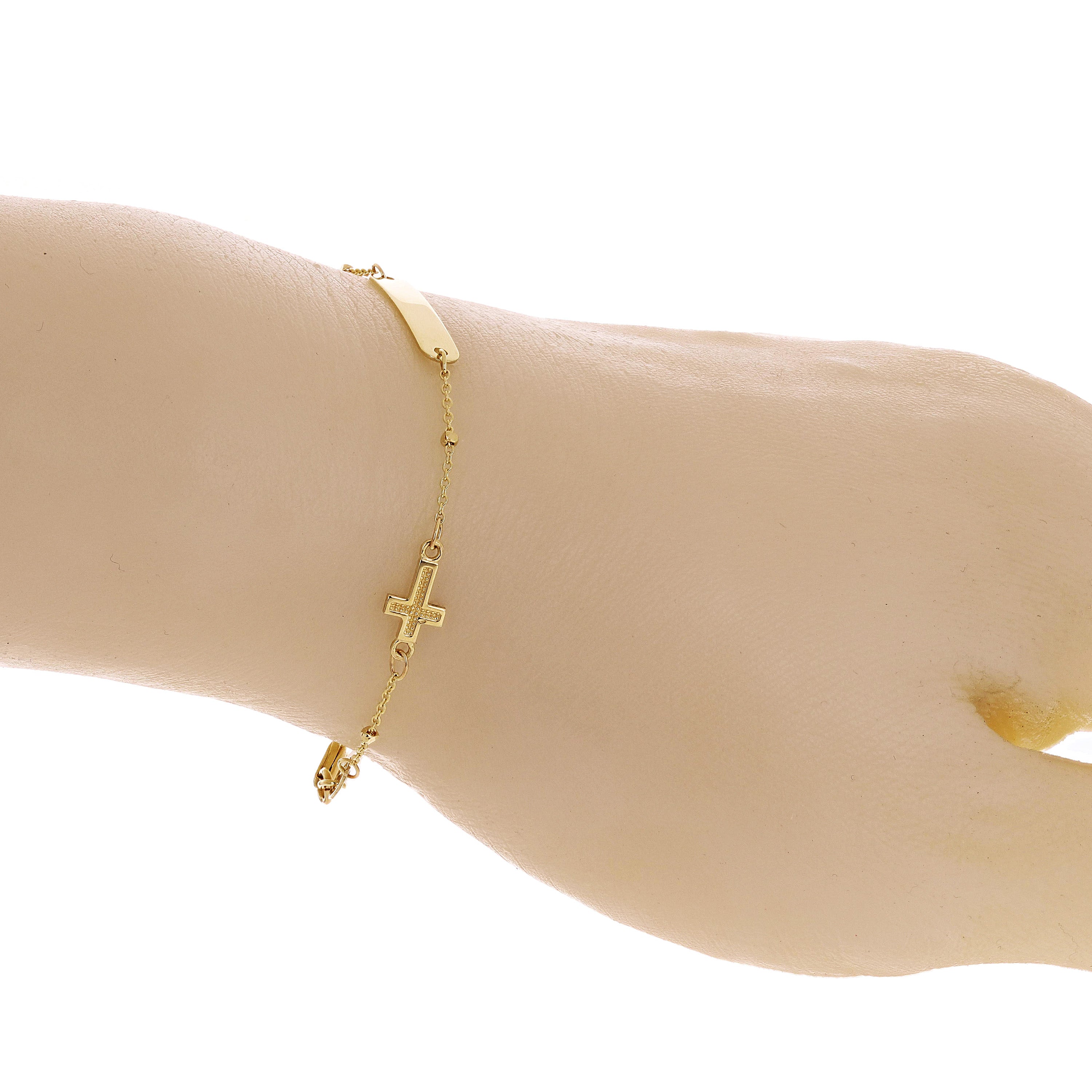 Italian 14k Yellow Gold Engravable Rosary Cross Baby Kids ID Bracelet 5.75" 1.5g - Yellow