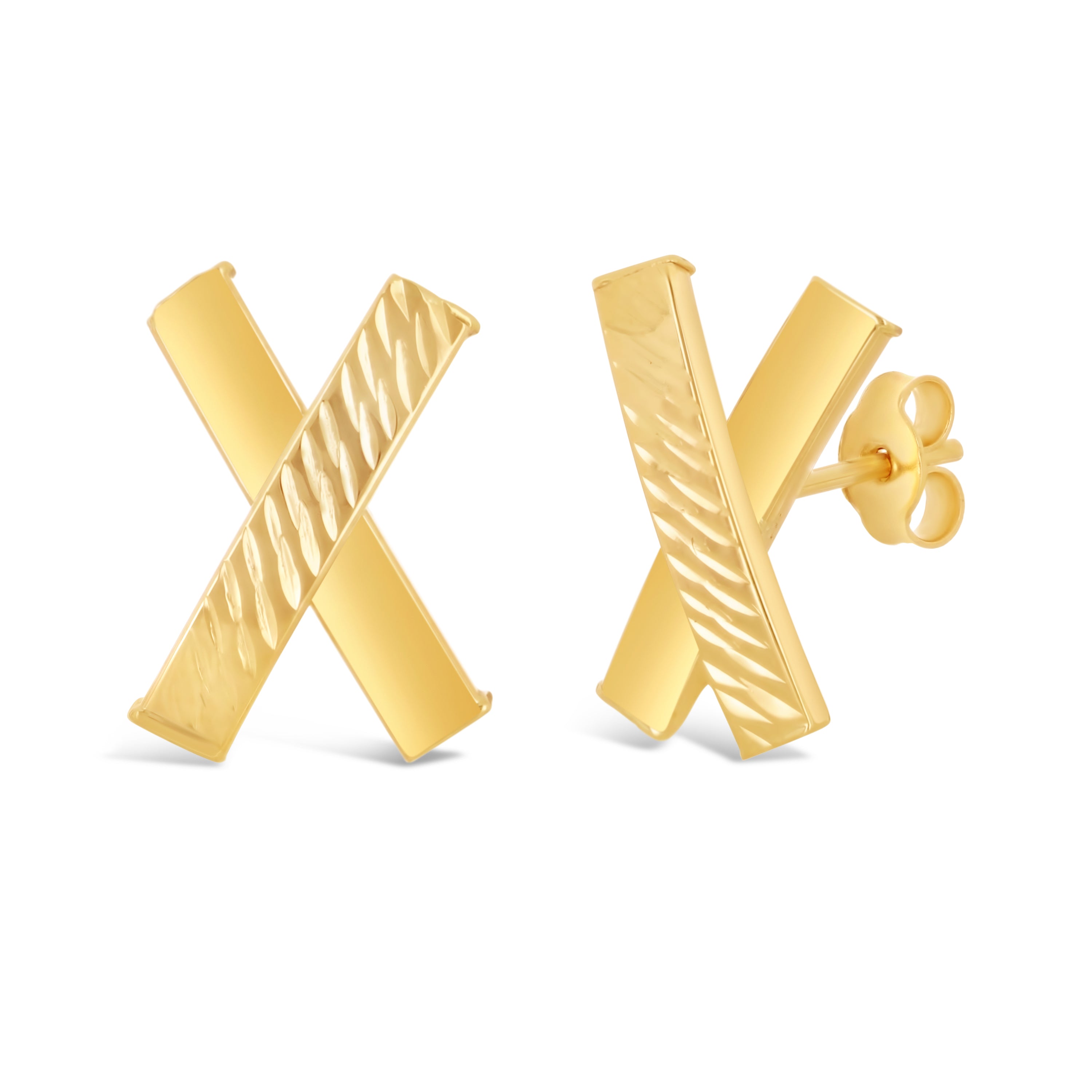 Italian 14k Yellow Gold Shiny Diamond Cut X-Shape Hugs Love Bar Stud Earrings