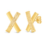 Italian 14k Yellow Gold Shiny Diamond Cut X-Shape Hugs Love Bar Stud Earrings