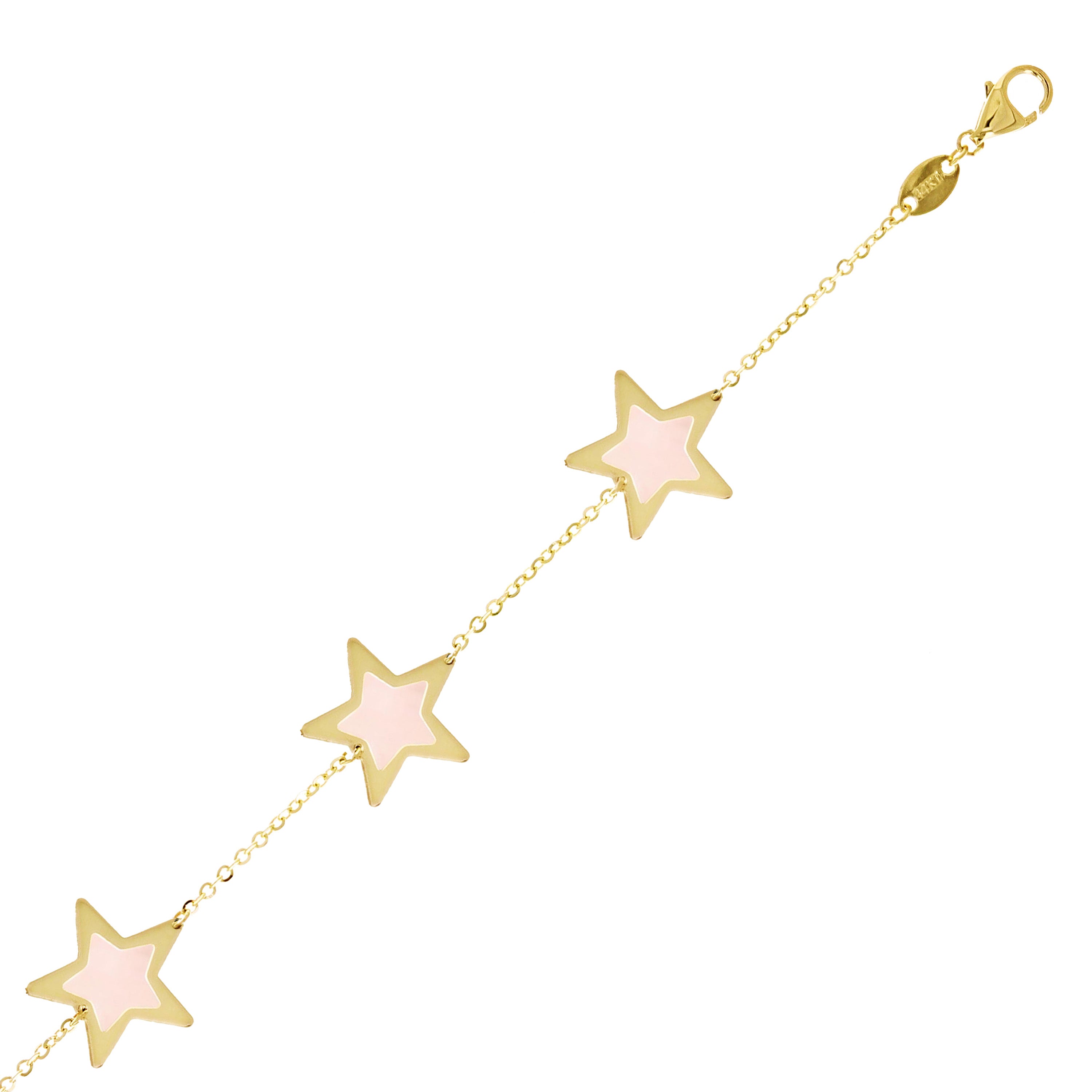 Italian 14k Yellow Gold Pearl Star Charm Station Bracelet 7.5" 11mm 2.5 grams
