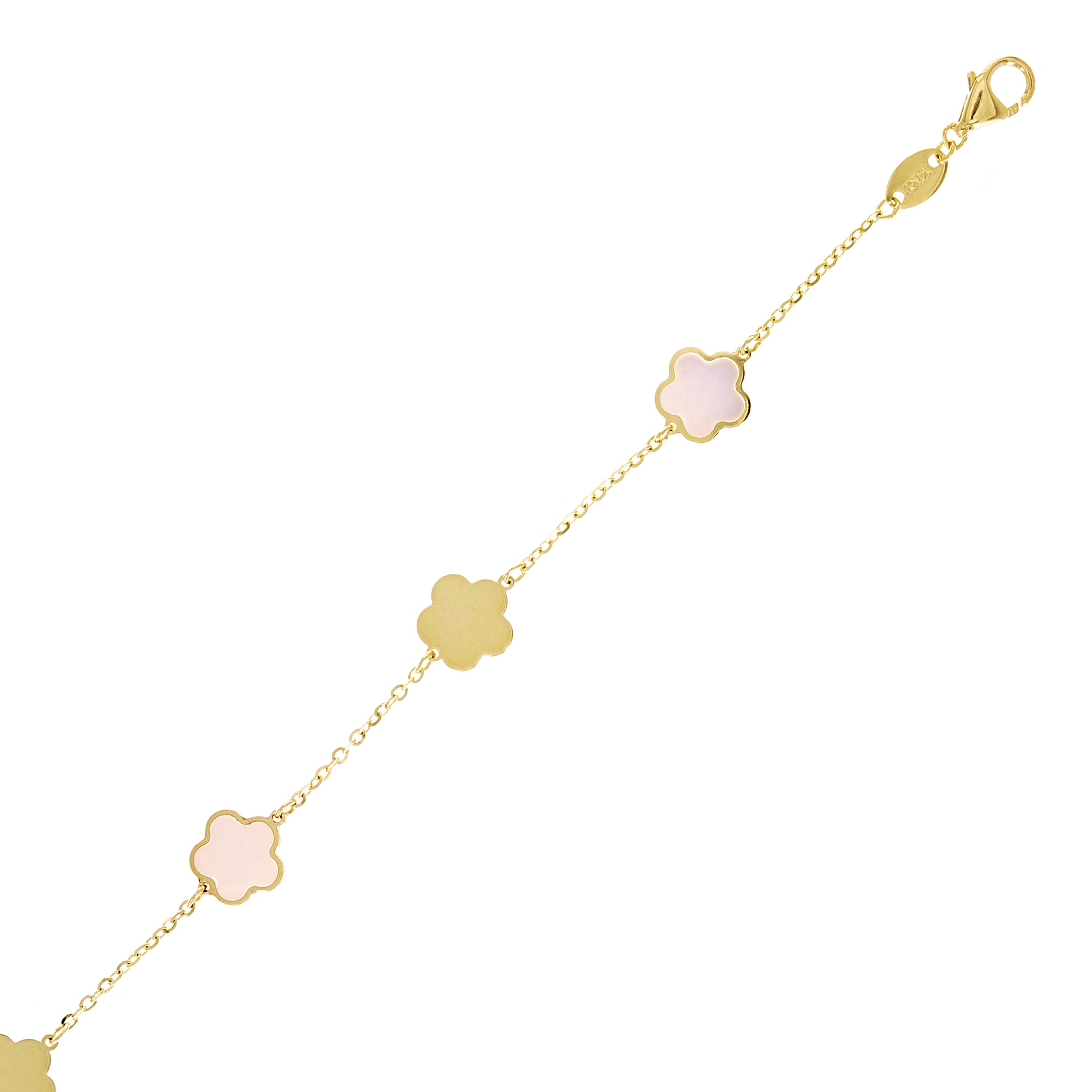 Italian 14k Yellow Gold Pearl Flower Charm Station Bracelet 7.5" 7.2mm 1.9 grams