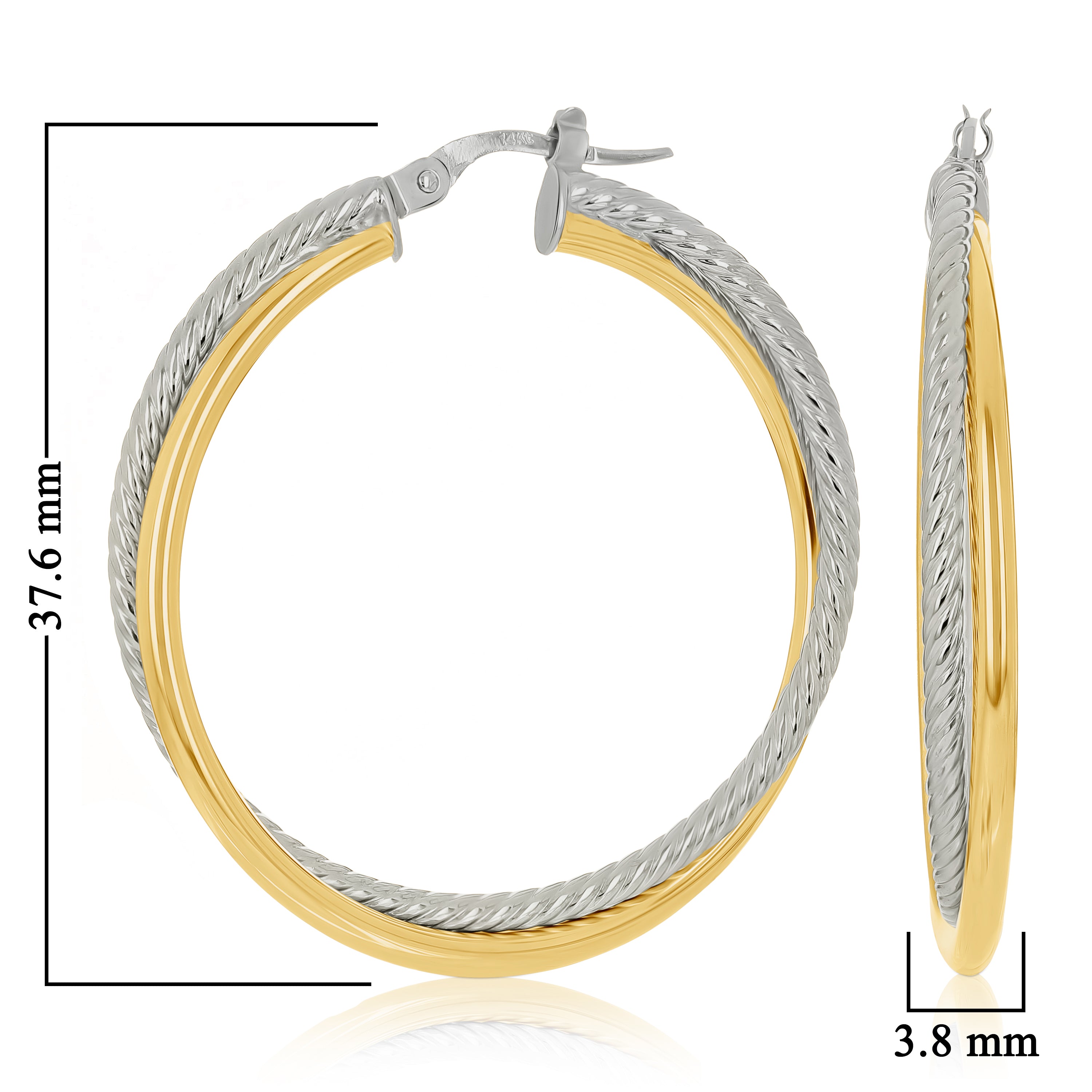 Italian 14k Yellow & White Gold Plain&Twisted Hoop Earrings 1.5" 3.8mm 3.1 grams
