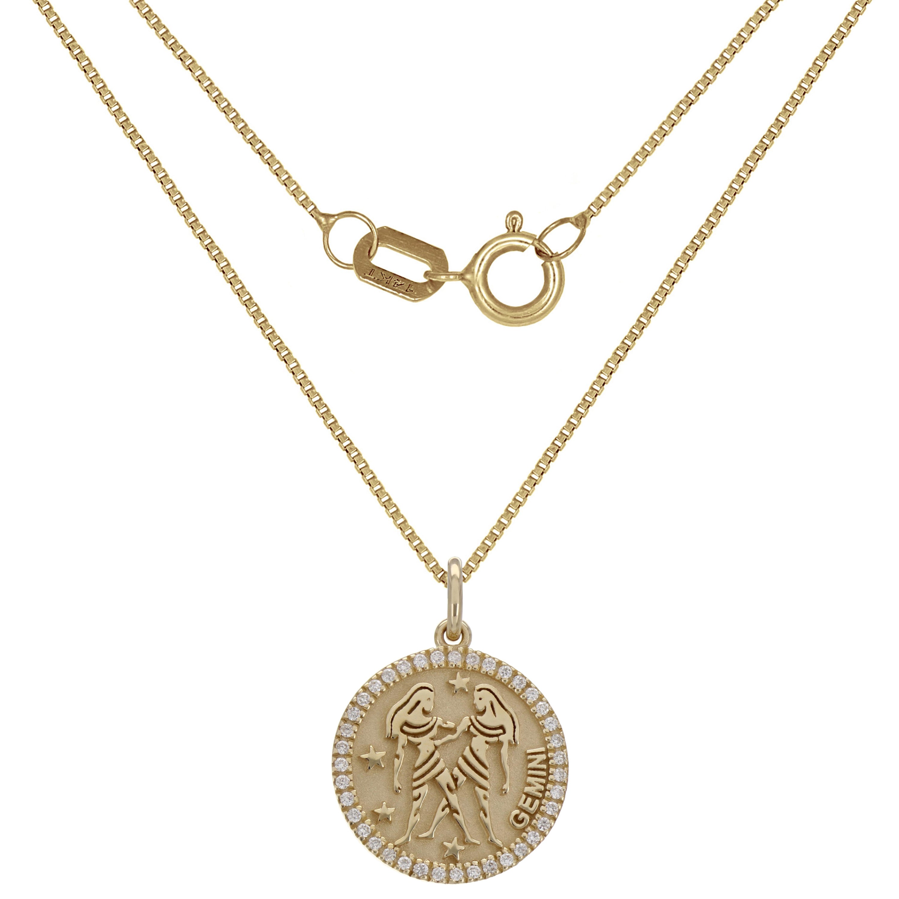 14k Yellow Gold Diamond Zodiac Sign Gemini Pendant Necklace 18" - Gemini,Yellow