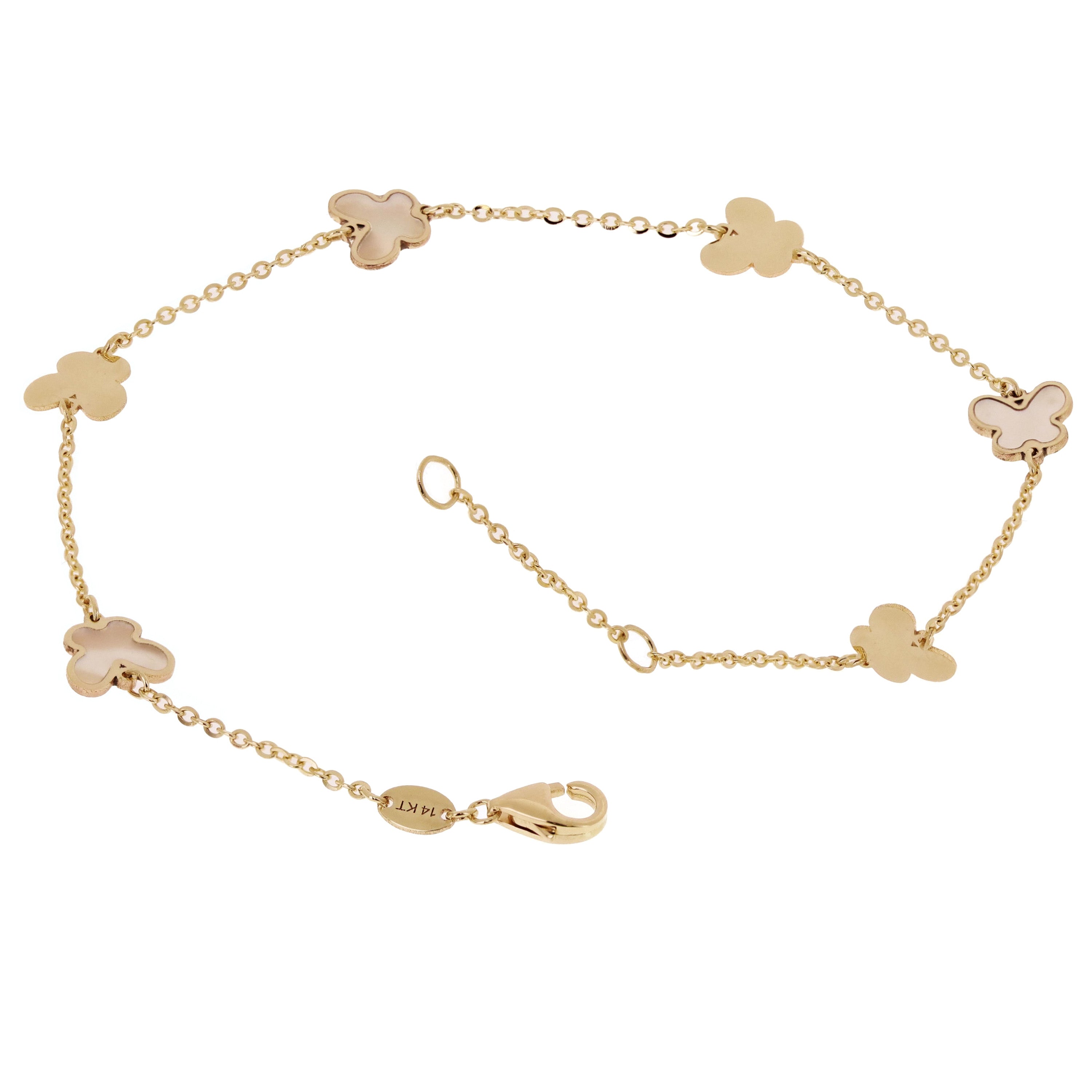 Italian 14k Yellow Gold Pearl BUTTERFLY Charm Station Bracelet 7.5" 1.8 grams