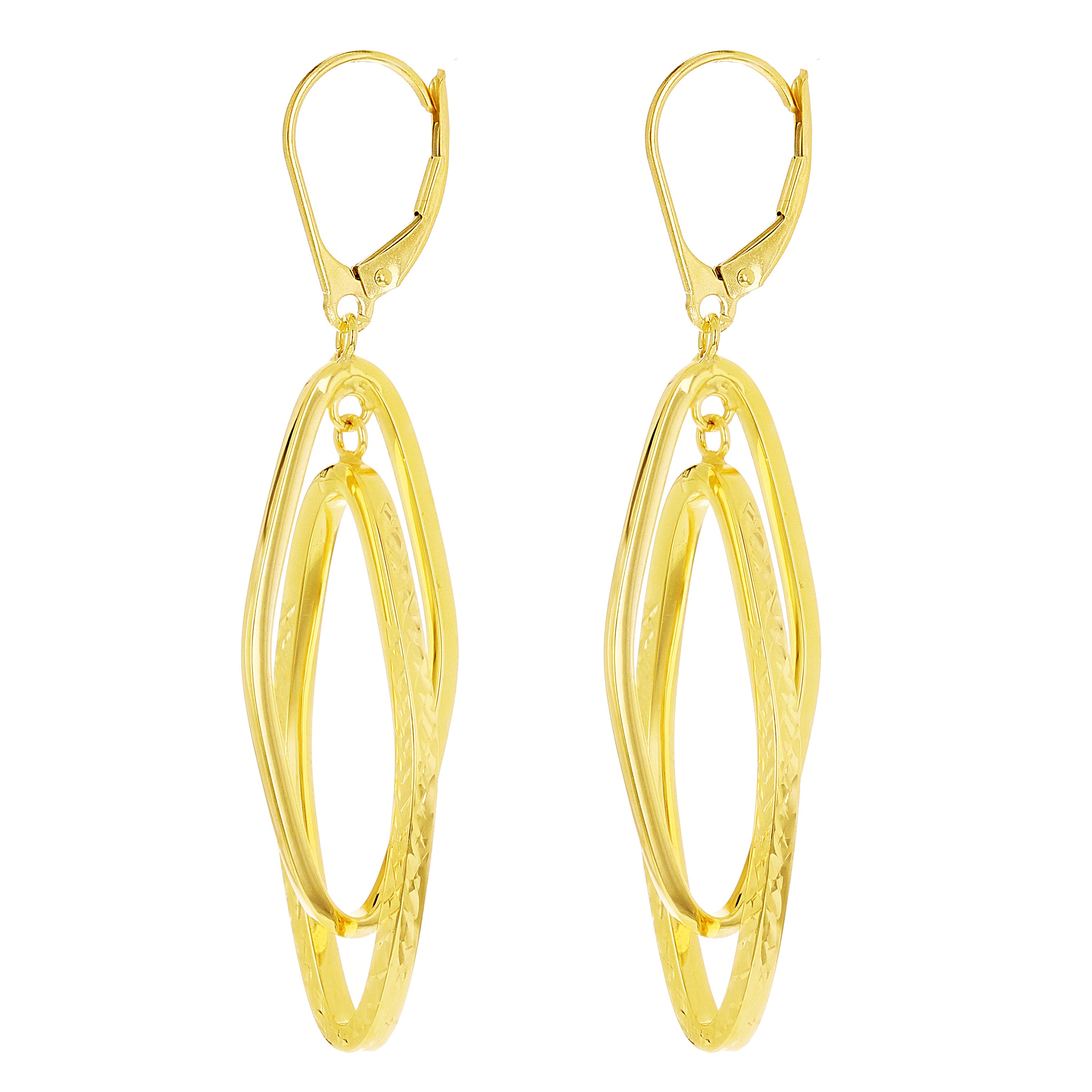 Italian 14k Yellow Gold Double Long Oval Dangle Drop Earrings 2.2" 3.3 grams