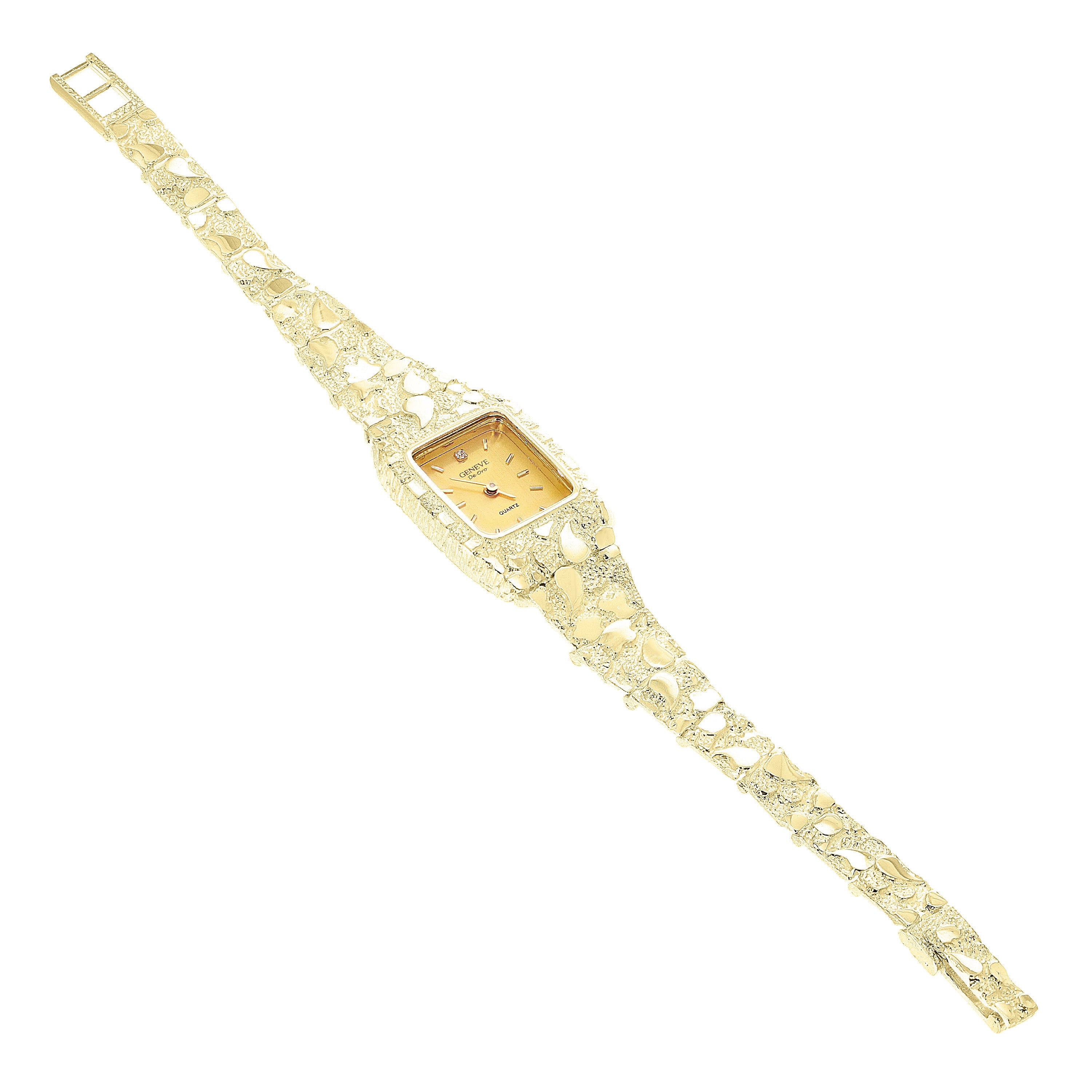 Women's 14k Yellow Gold Nugget Bracelet Wrist Band Geneve Diamond Watch 6.5" - 6.5" 27 grams