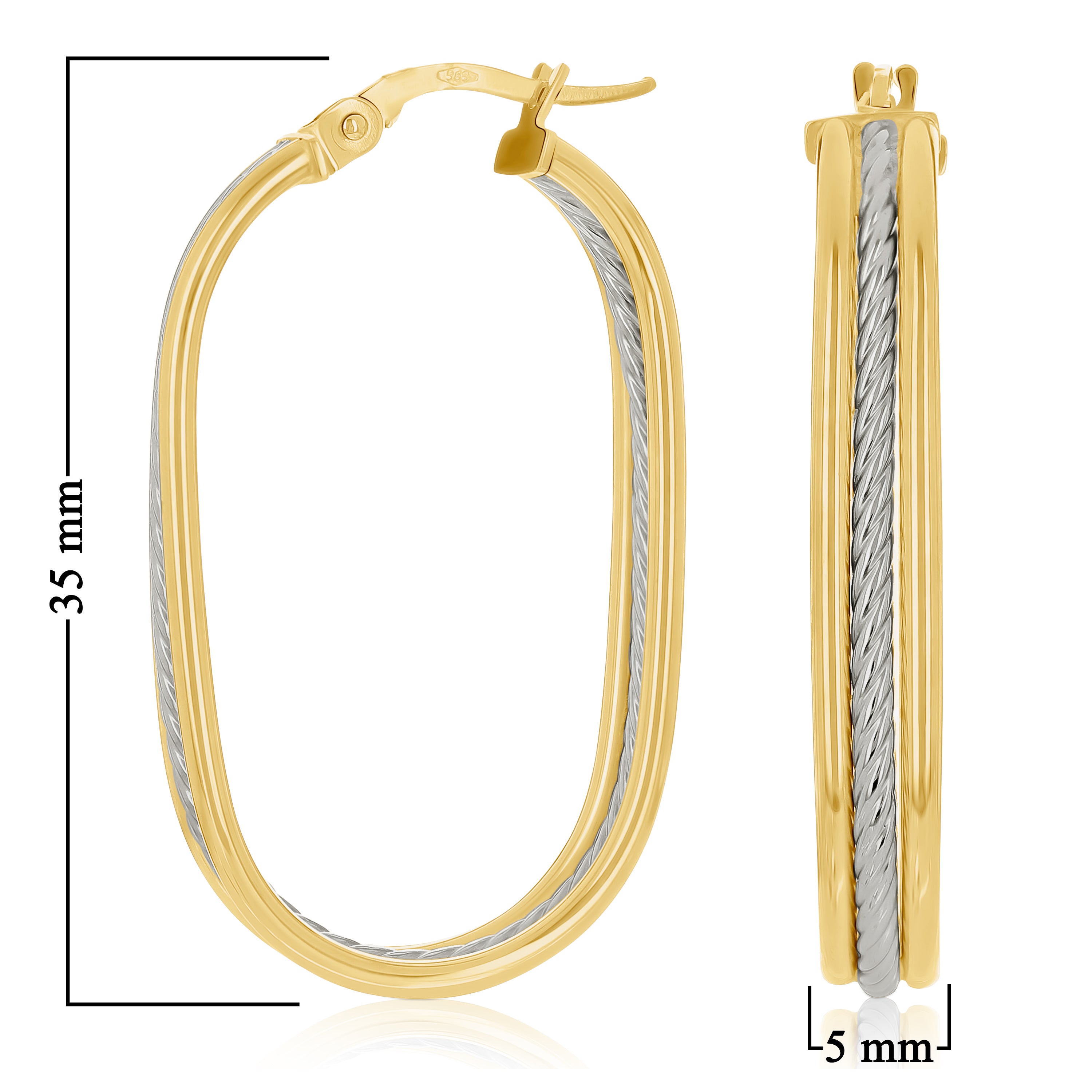 Italian 14k Yellow & White Gold  Oval U-Shaped Hoop Earrings 1.4" 5mm 2.9 grams