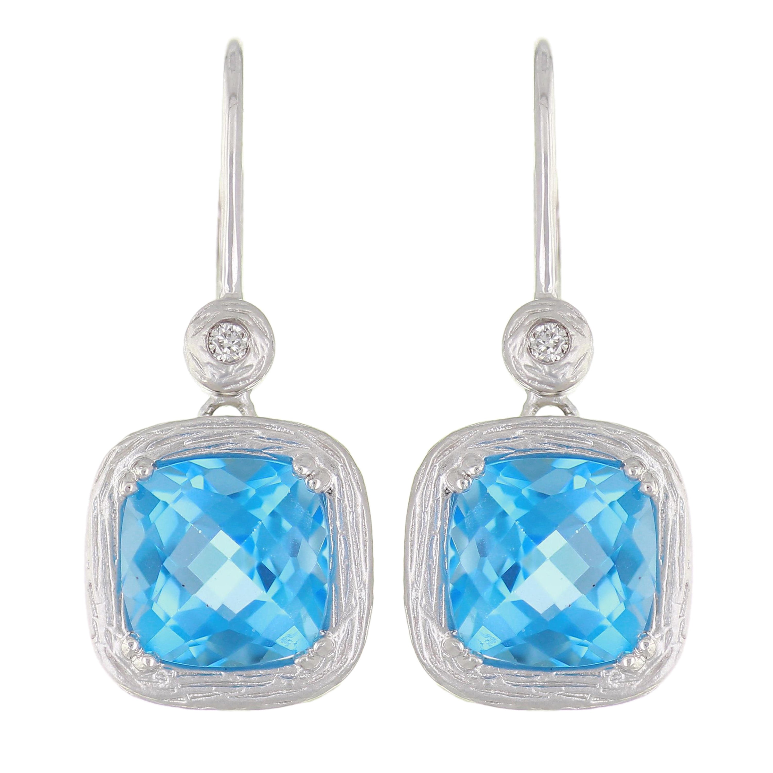 14k White Gold Blue Topaz & Diamond Textured Finish Modern Drop Earrings