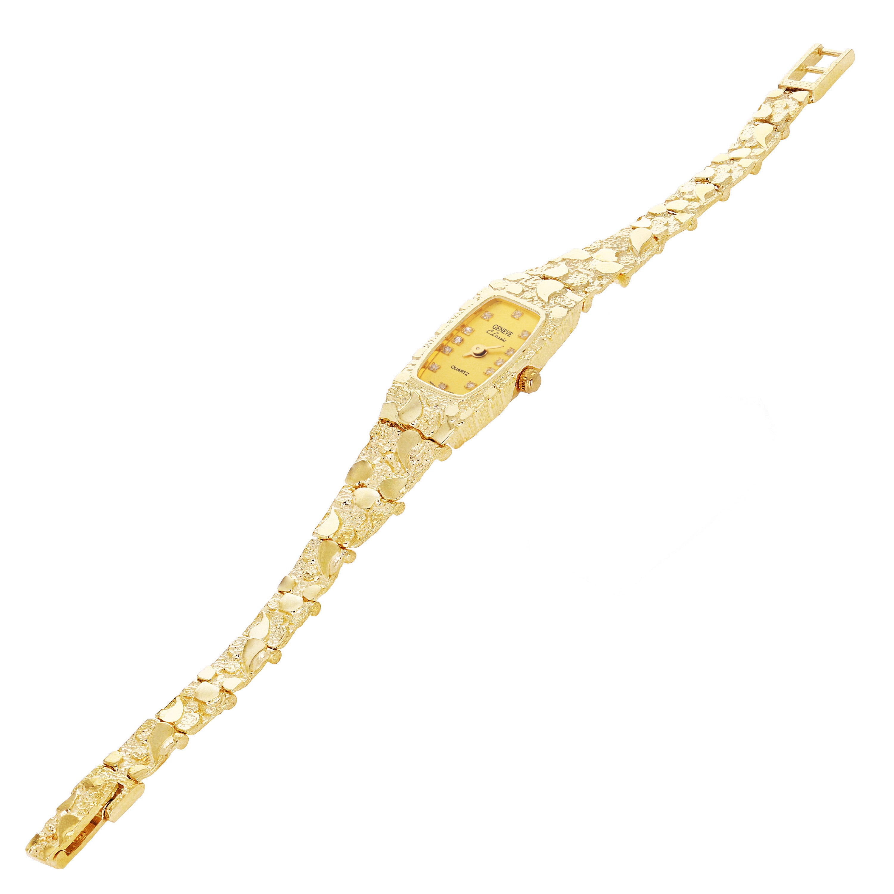 Women's 10k Yellow Gold Nugget Band Bracelet Geneve Watch with Diamonds 6.5-7" - Black Faceplate 7" 19.8 grams