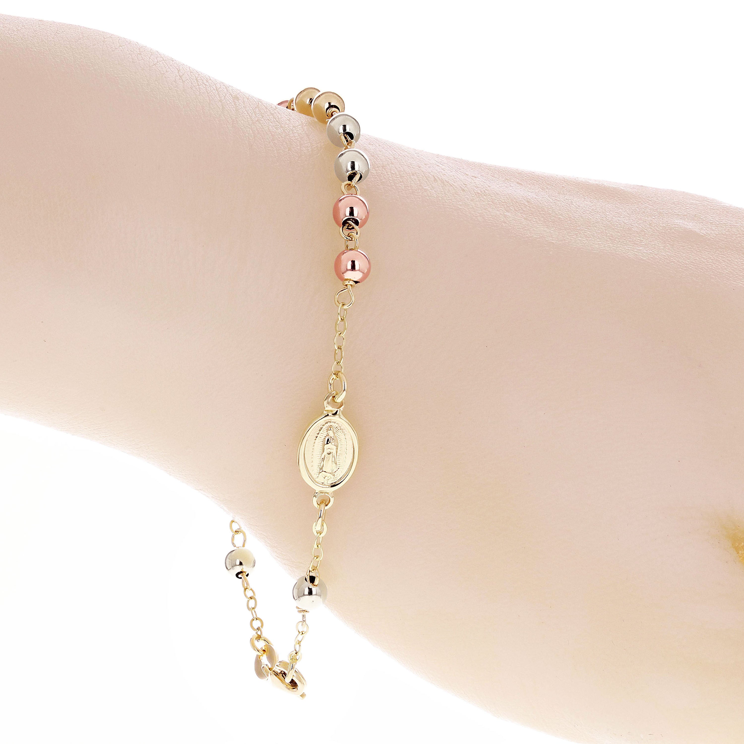 Italian 14k Tri-Color Gold Miraculous Medal Charm Rosary Bracelet 7.5" 4mm 3gram