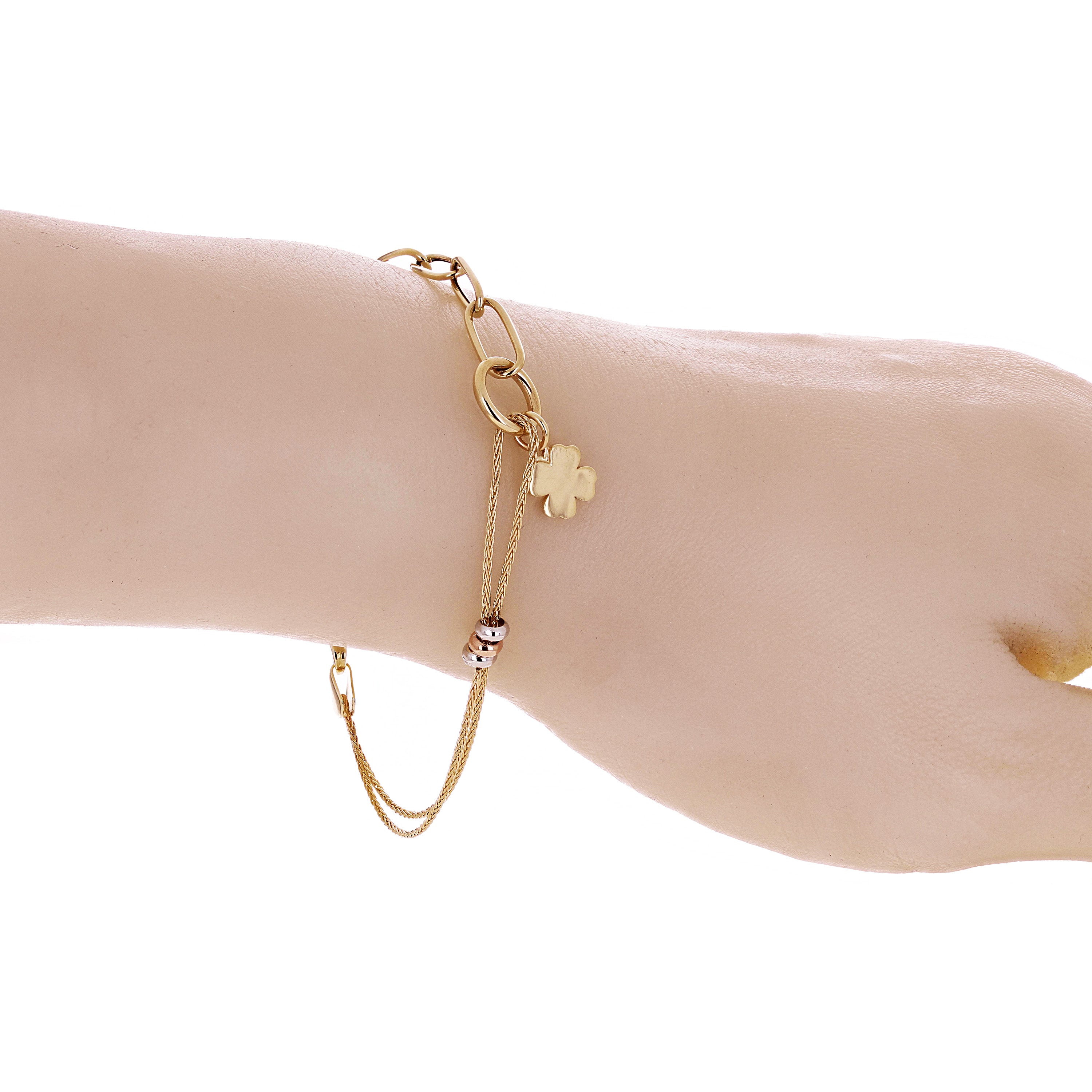 Italian 14k Tri Color Gold Wheat & Paper Clip Clover Charm Bracelet 7.5" 3.1gram