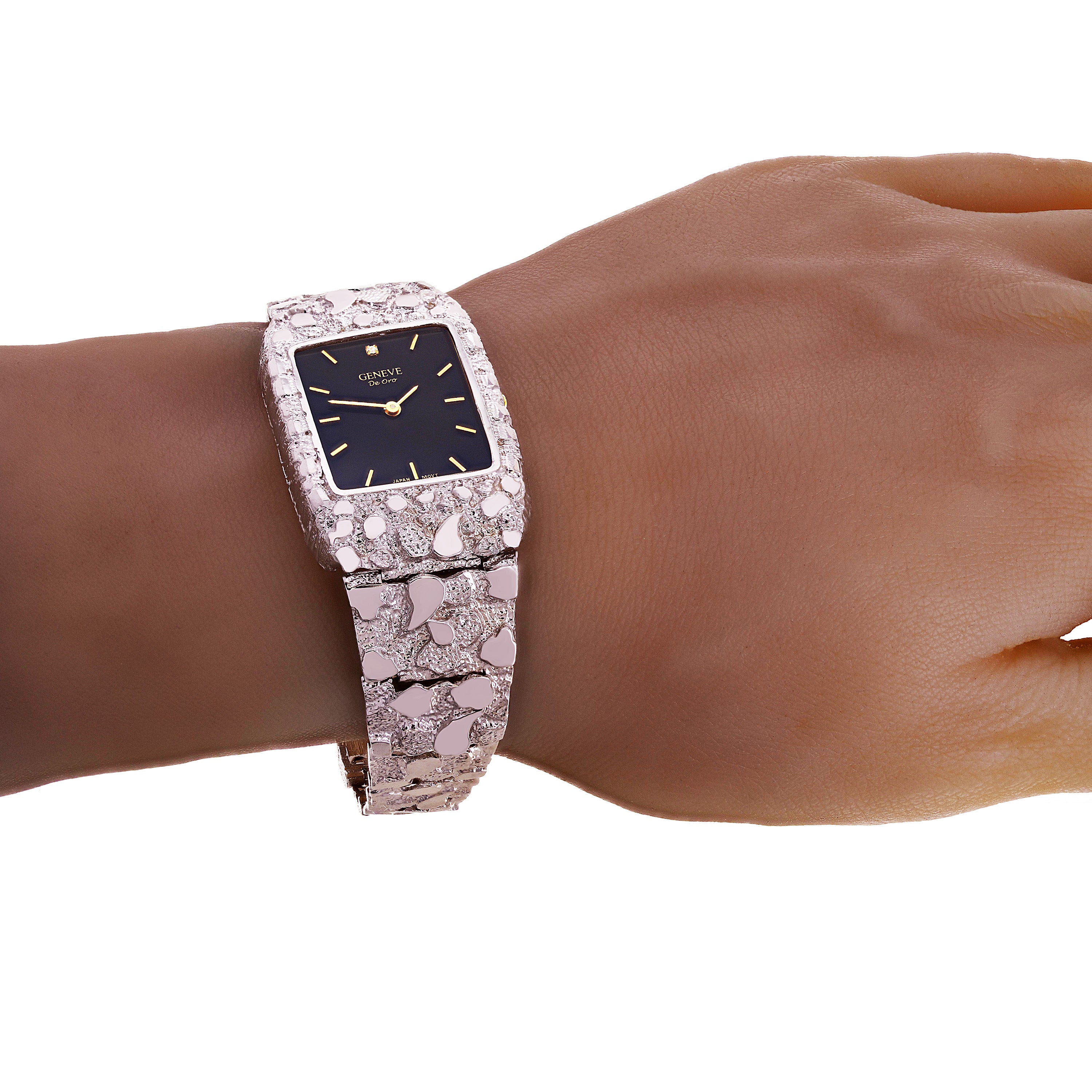 14k White Gold Nugget Link Wrist Band Geneve Diamond Watch 8.5"-9" 61.7 grams