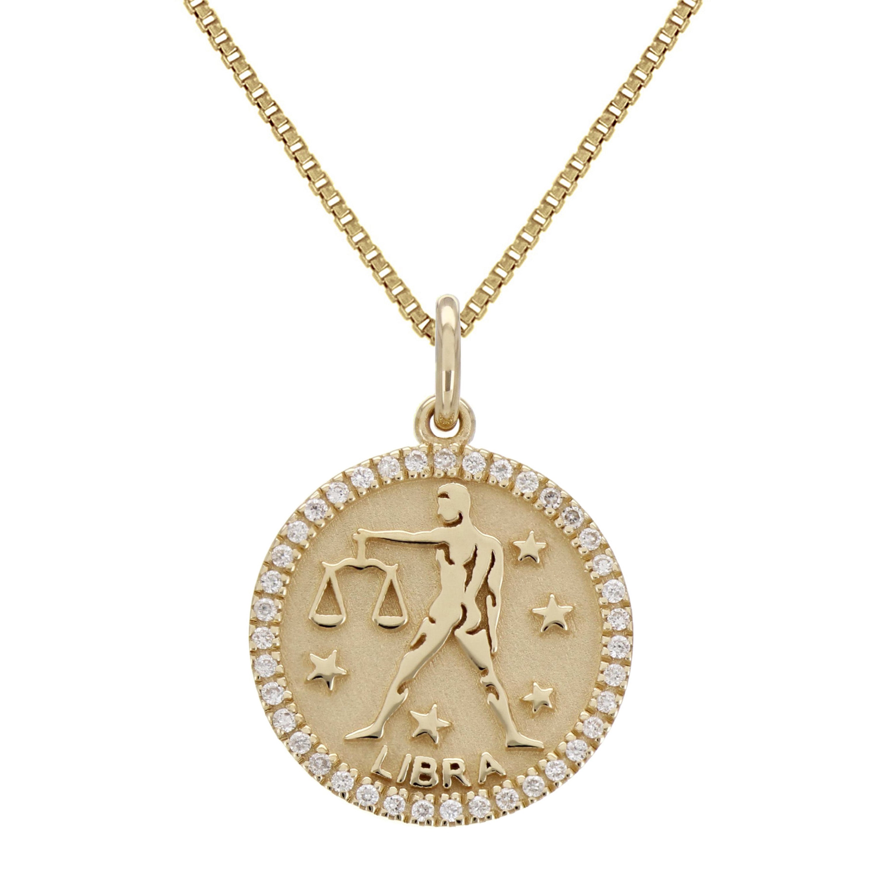 14k Yellow Gold Diamond Zodiac Sign Libra Pendant Necklace 18" - Libra,Yellow