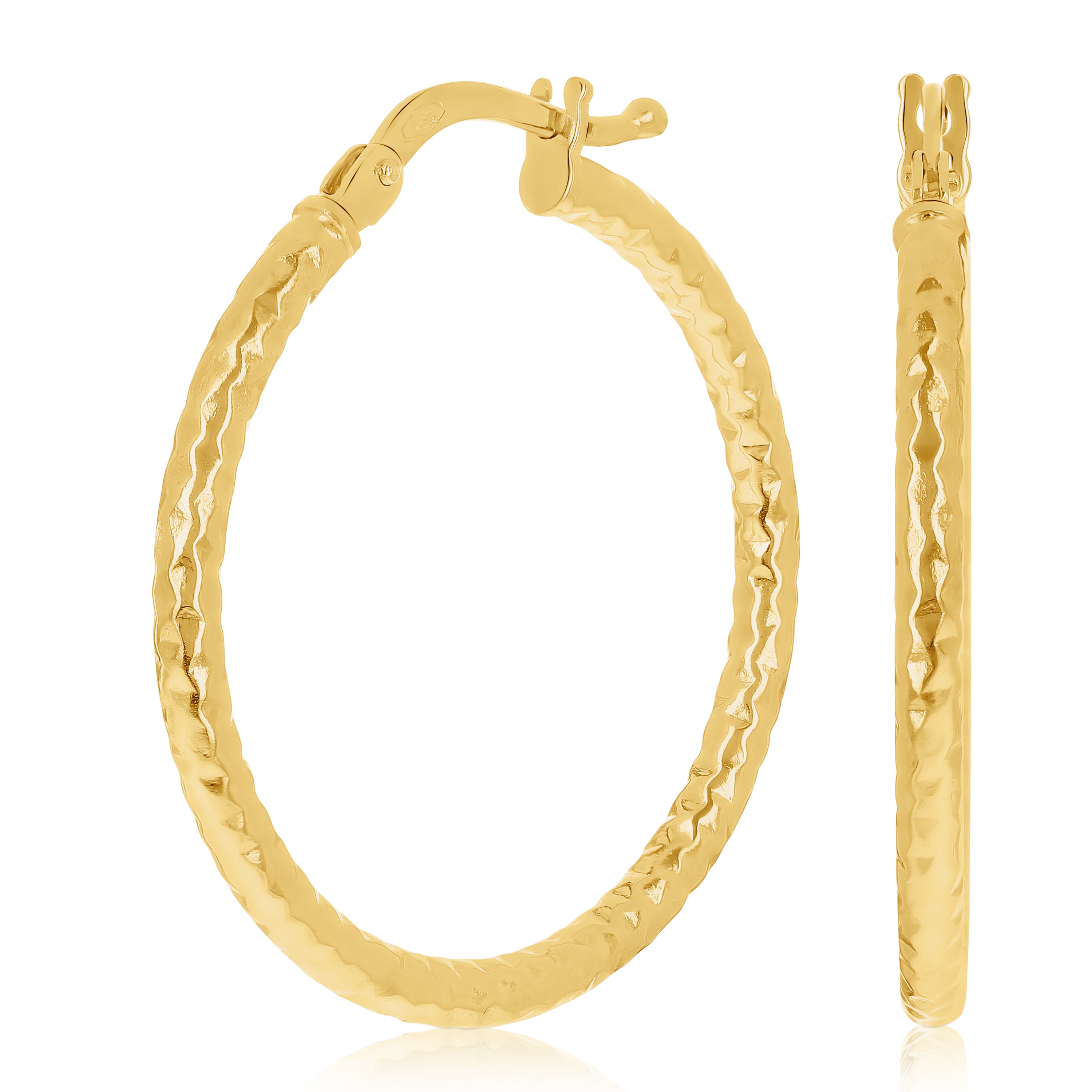 Italian 14k Yellow Gold Hollow Faceted Diamond Cut Hoop Earrings 1.1" 2mm 1.6g