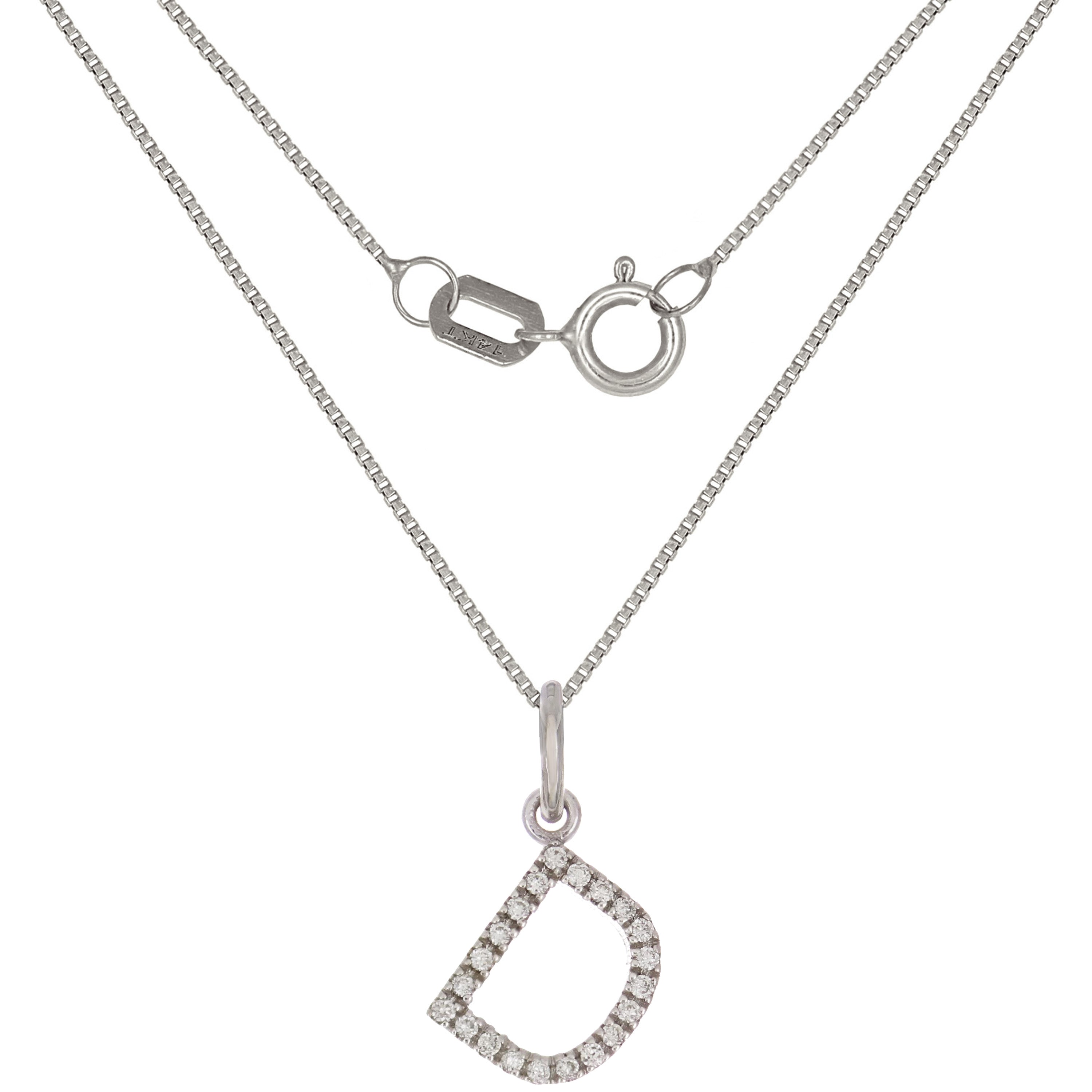 14k White Gold Diamond Initial Letter D Charm Pendant Necklace 18" - Letter D,White