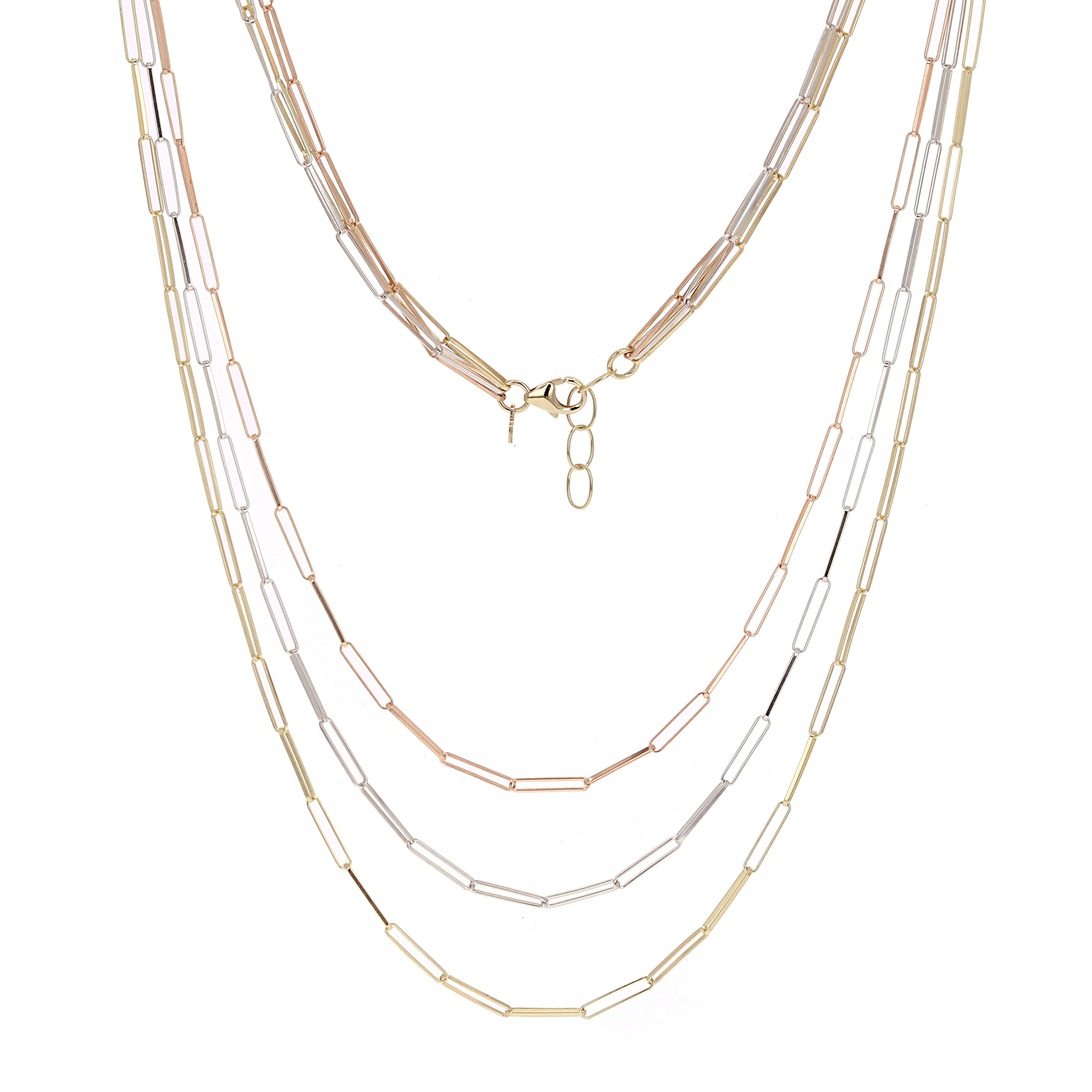 Italian 14k Tri-Color Gold Multiple Layer Paper Clip Link Chain Necklace 18" 11.5 grams