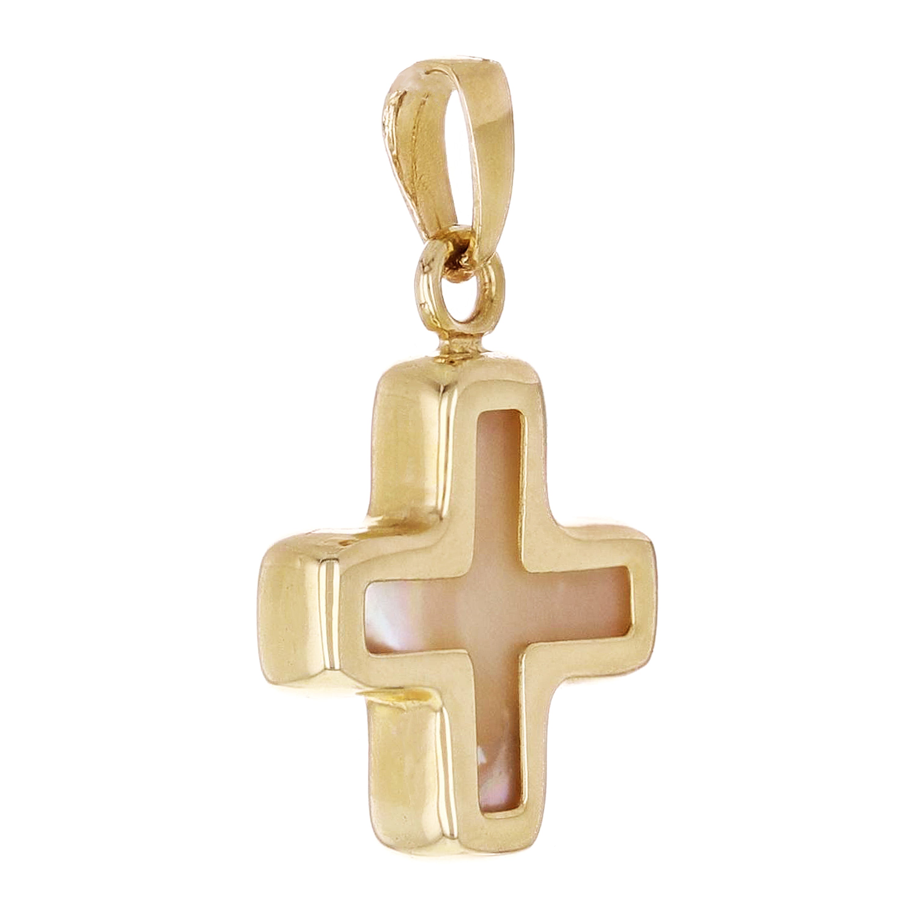 Italian 14k Yellow Gold Mother of Pearl Cross Charm Pendant 18.9mm x 11.9mm 0.8g