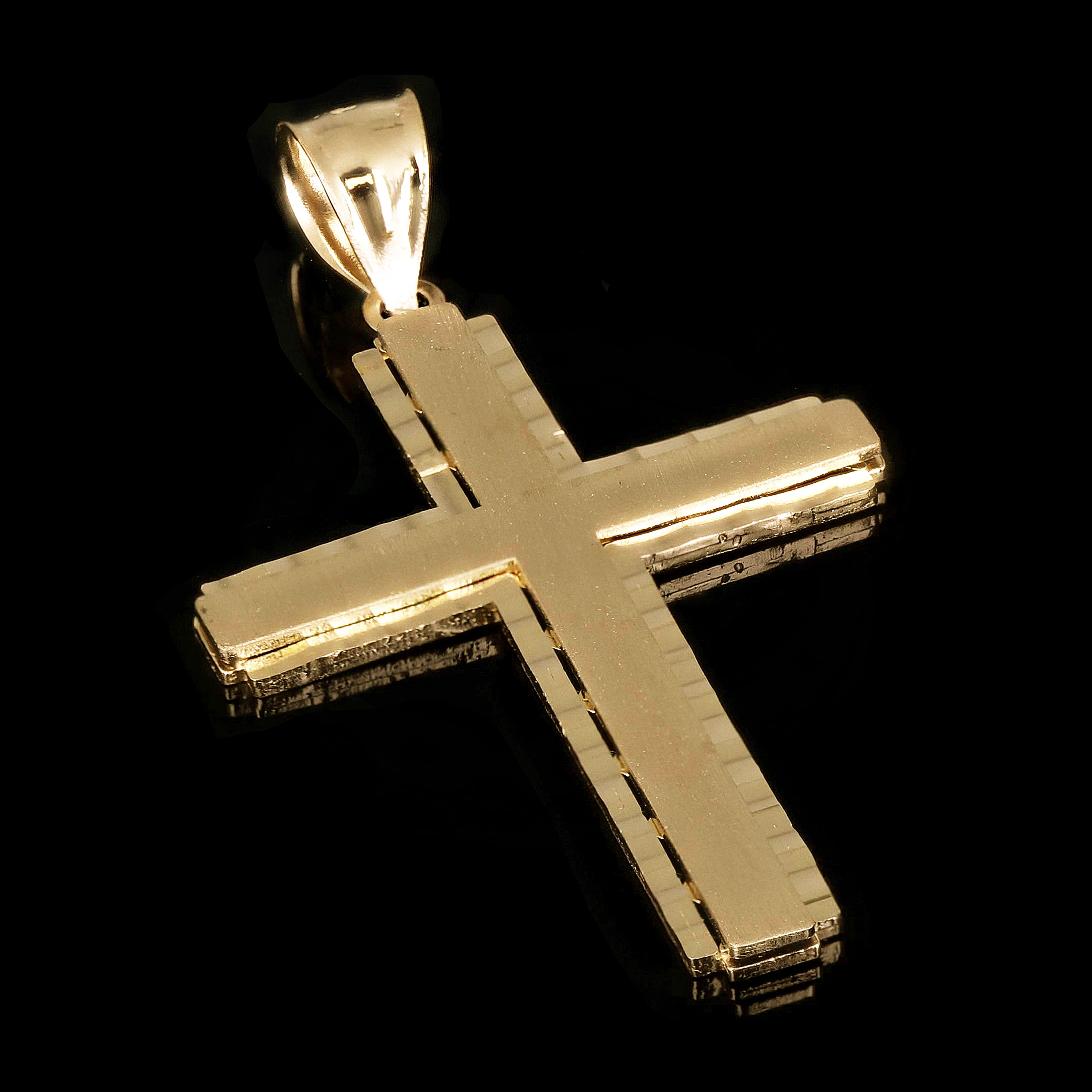 14k Yellow Gold Solid Diamond Cut Satin Cross Pendant 1.9" 3.7 grams
