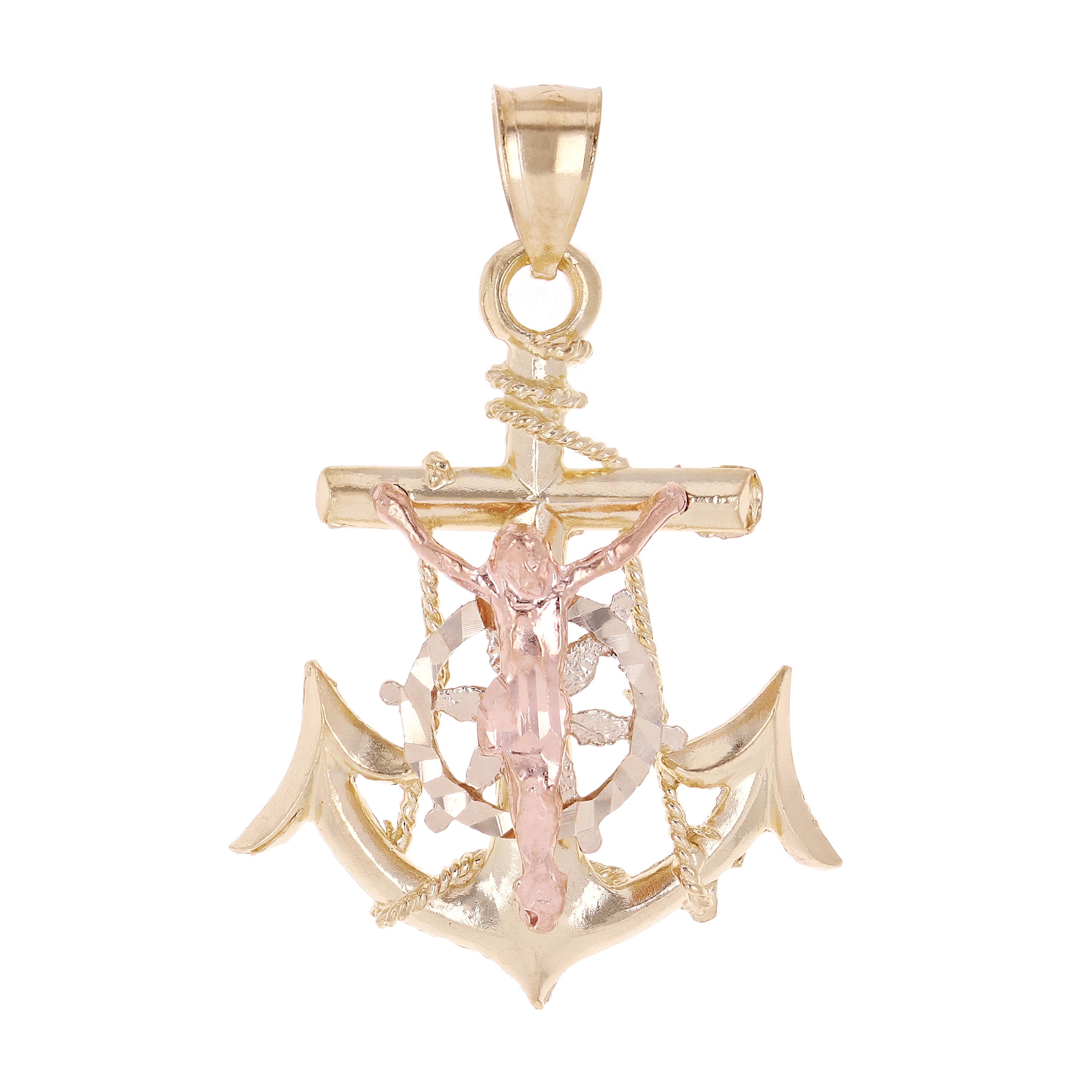 14k Tri Color Gold Jesus Christ Crucifix Mariner Anchor Charm Pendant 1.5" 4.9g