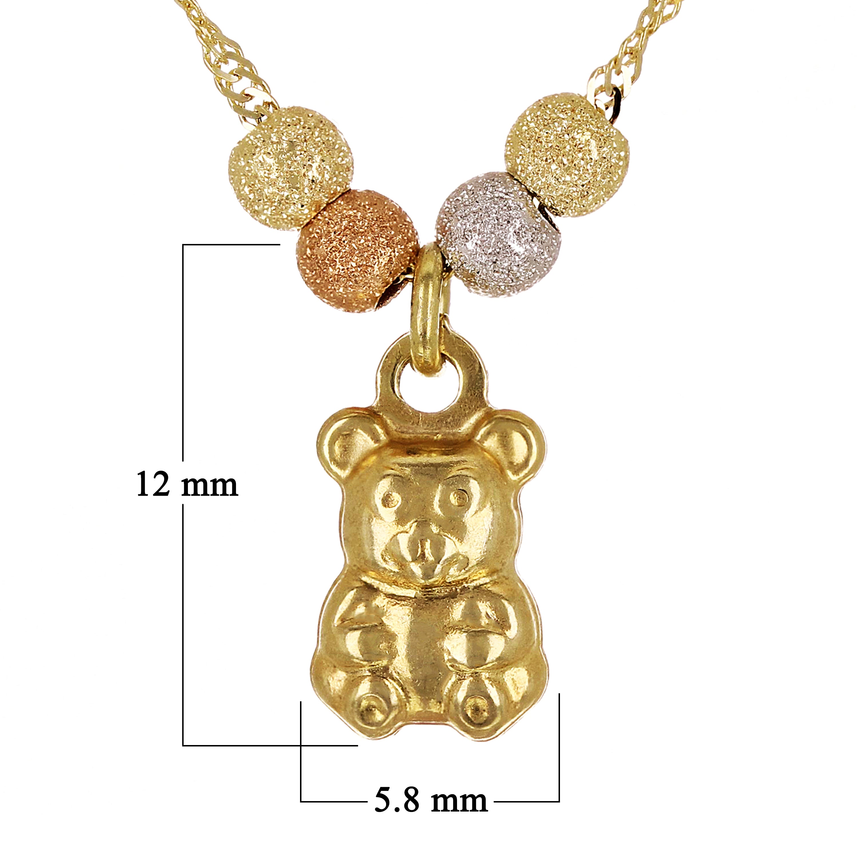 14k Tri Color Gold High Polished Teddy Bear Charm Necklace Singapore Chain 17"
