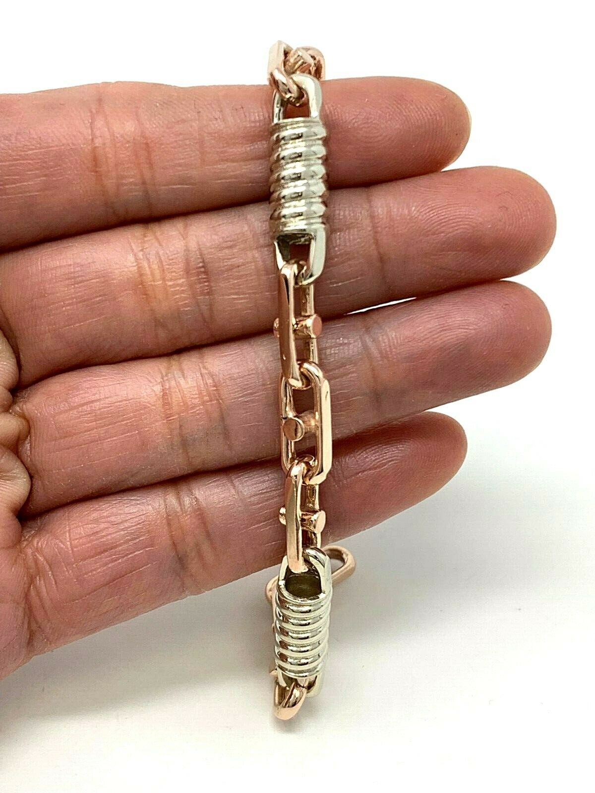 14k White & Rose Gold Handmade Fashion Link Bracelet 8.5" 7.3mm 30.5 grams