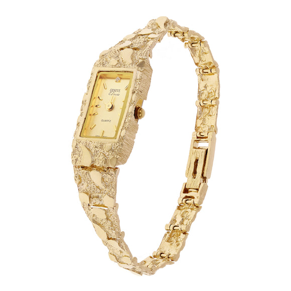 Women's 14k Yellow Gold Nugget Link Wrist Bracelet Geneve Watch w/ Diamond 6.5