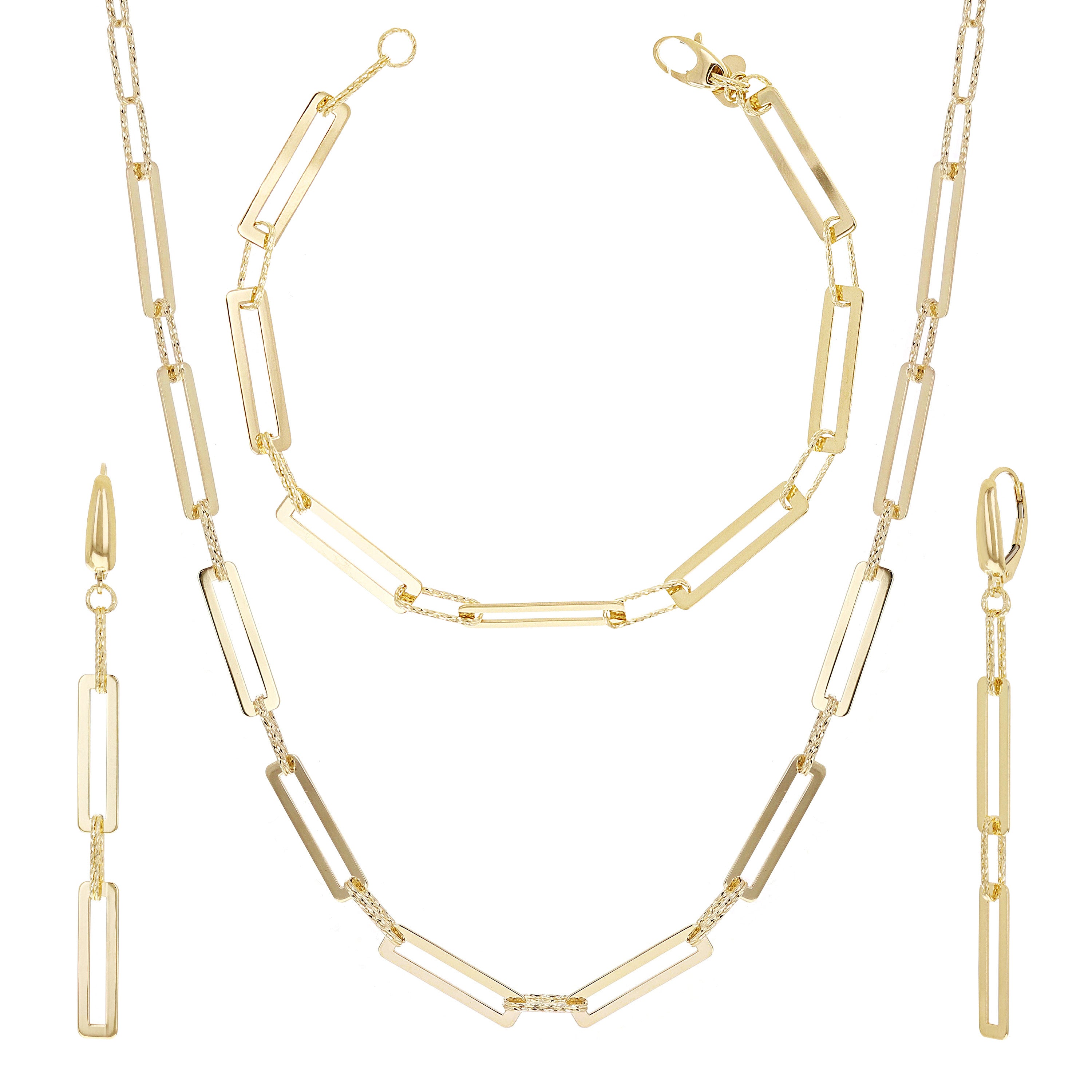 Italian 14k Yellow Gold Paper Clip Link Necklace, Bracelet & Earrings Set 16.4 grams