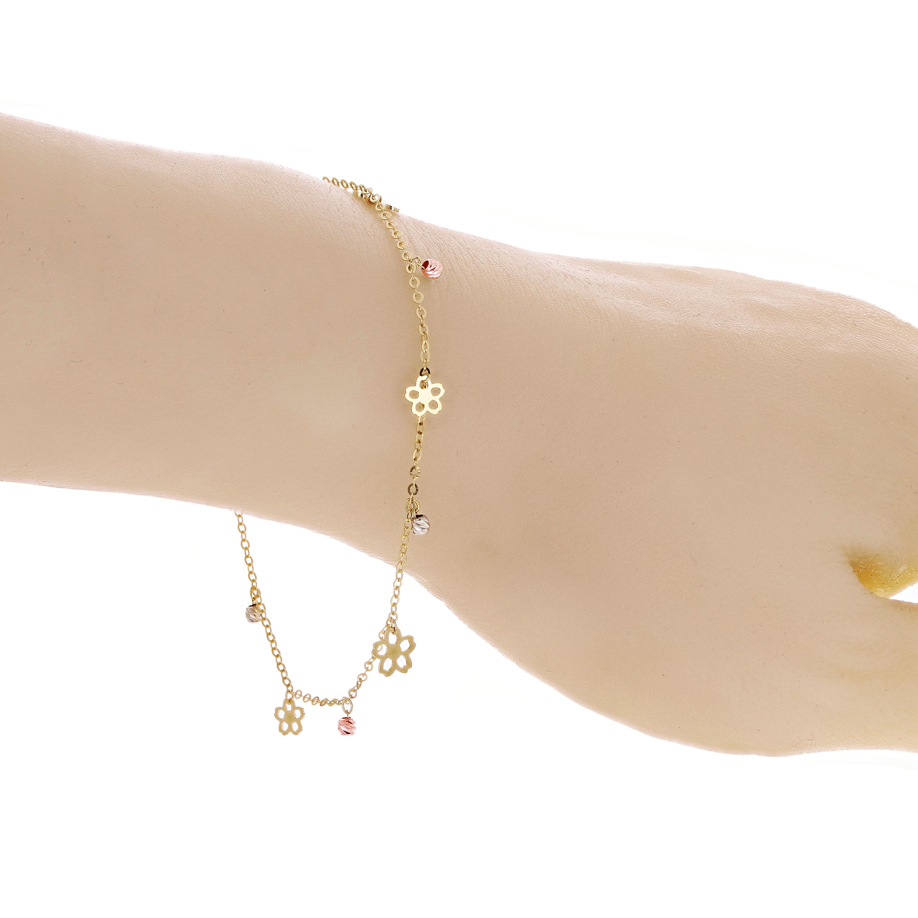 Italian 14k Tri Color Gold Flower & Ball Beads Charm Anklet Bracelet 10" 2 grams - Tri-Color