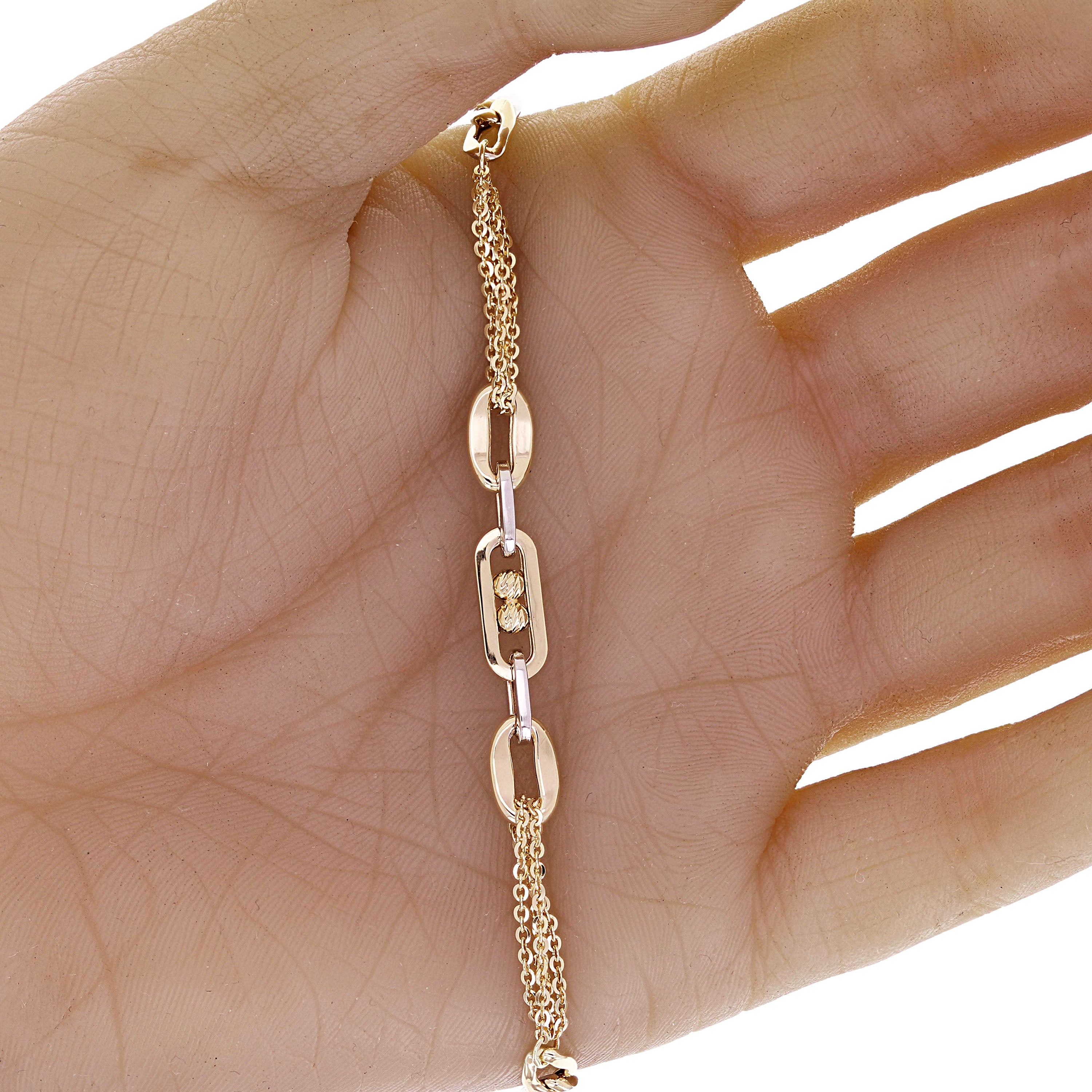 Italian 14k Two Tone Gold Oval & Cuban Link Chain Bracelet 7.5" 4.1 grams