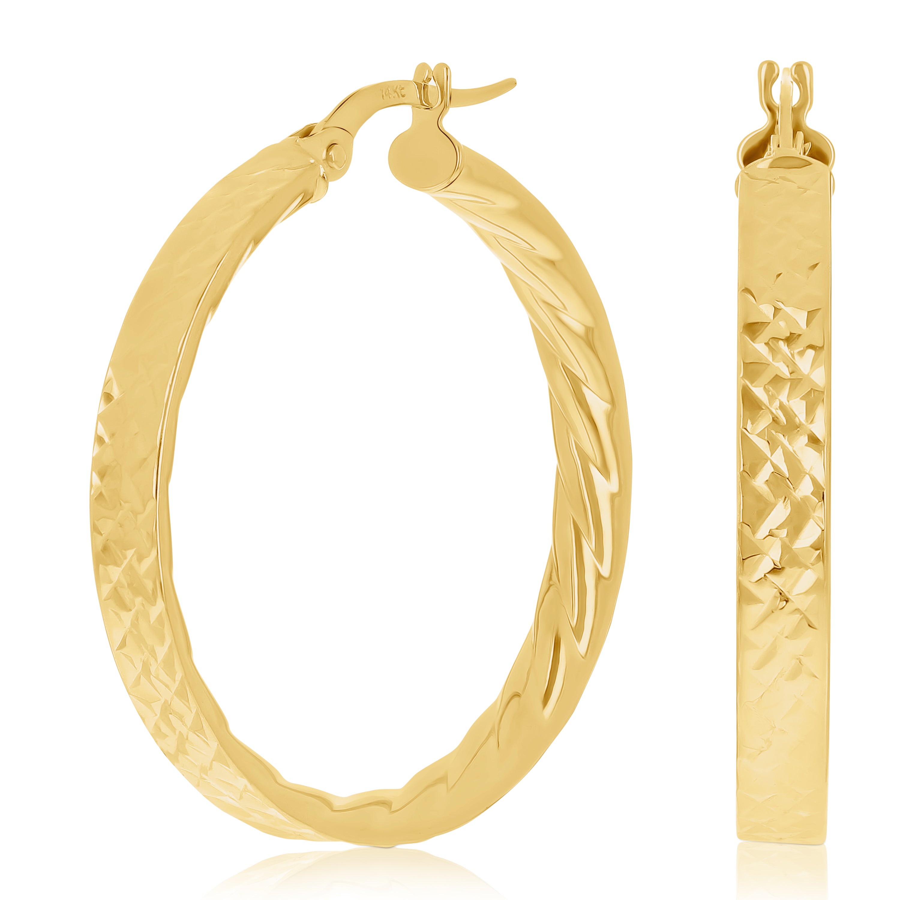 Italian 14k Yellow Gold Hollow Flat Tube Hoop Earrings 1.2" 3.7mm 3.3 grams