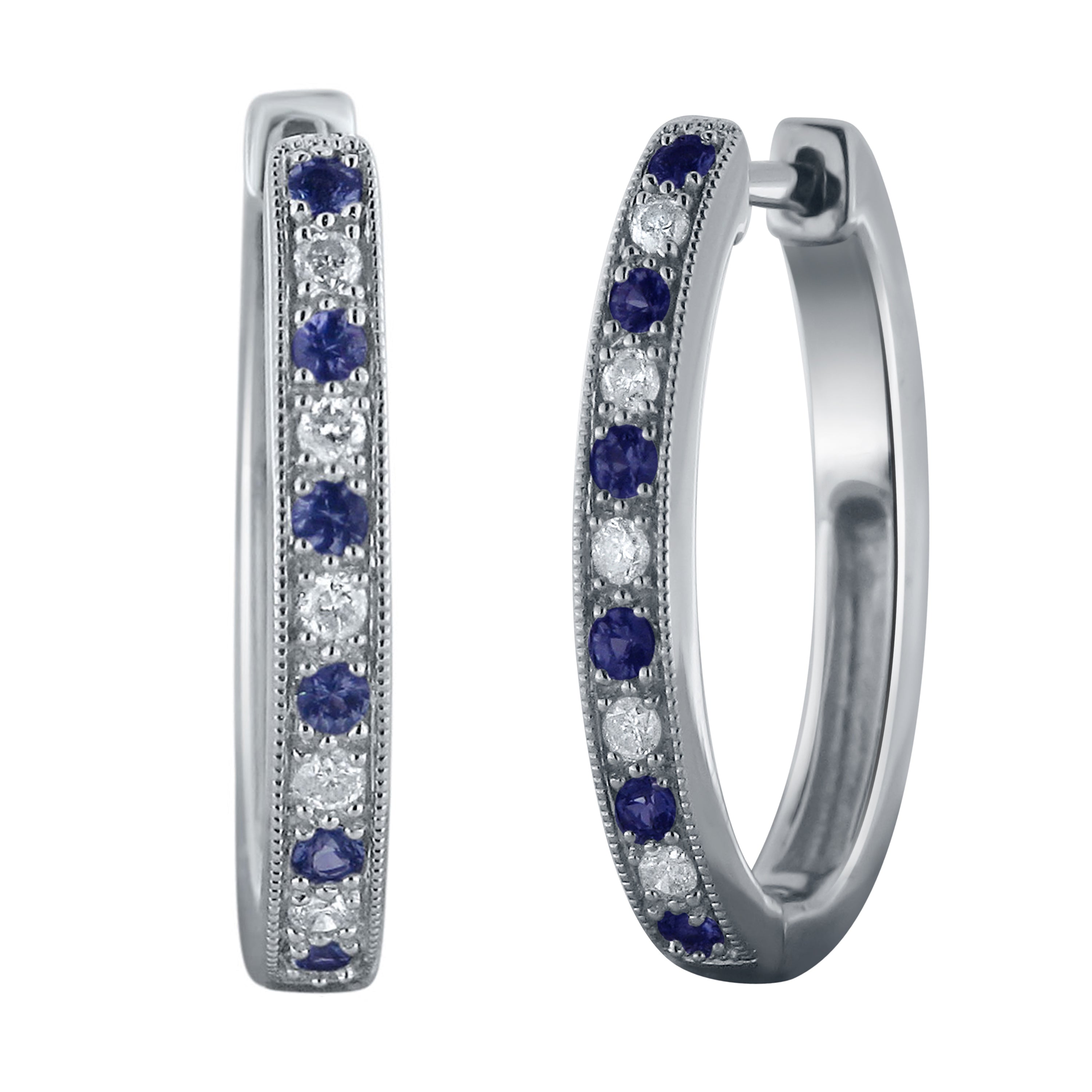 14k White Gold Diamond and Blue Sapphire Hoop Earrings