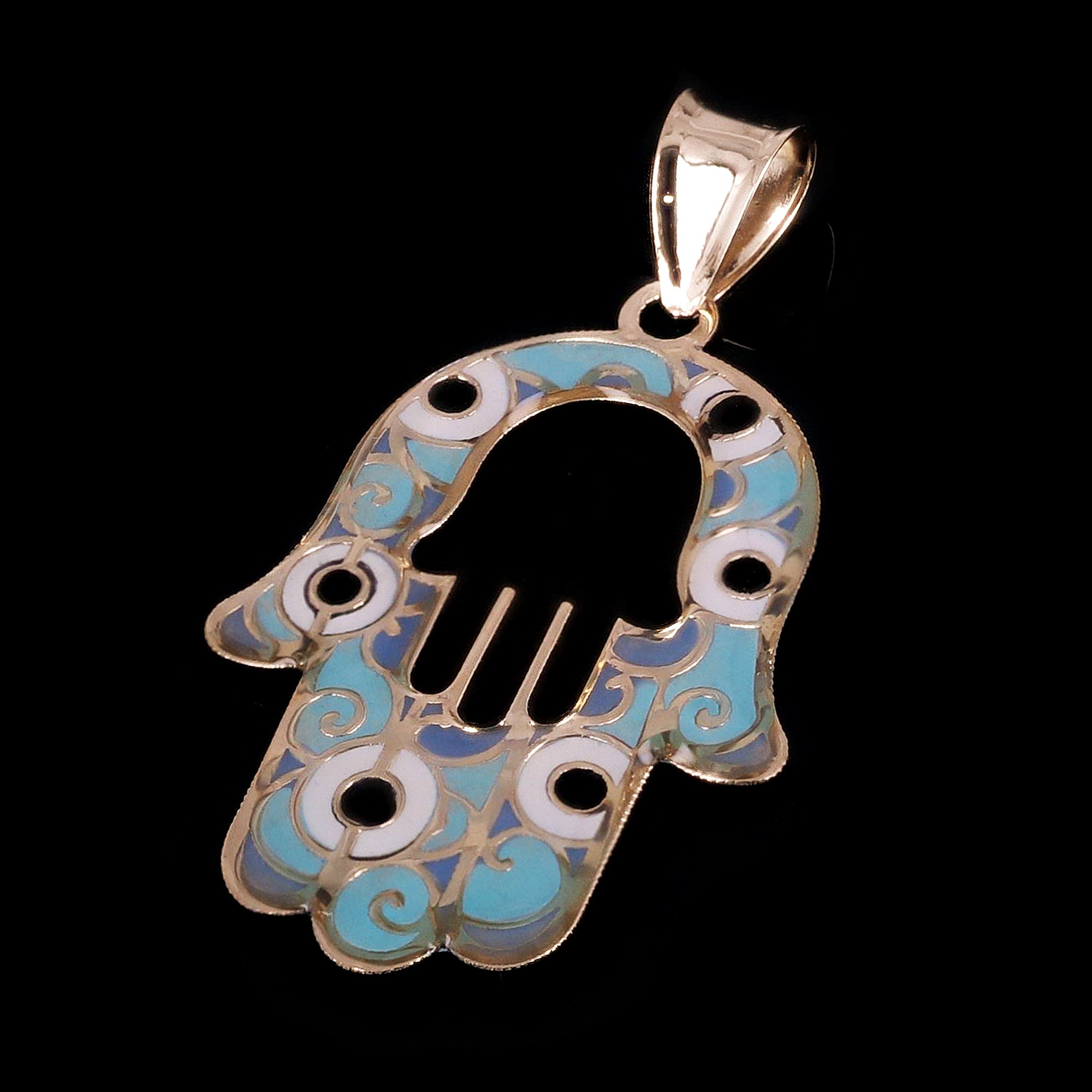 Italian 14k Yellow Gold Blue Enamel Hamsa Hand Charm Pendant 29.5mmx16.8mm 0.5g - Medium