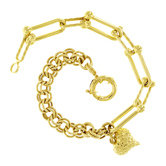 Italian 14k Yellow Gold Hollow U Link Rolo Heart Charm Bracelet 7.5