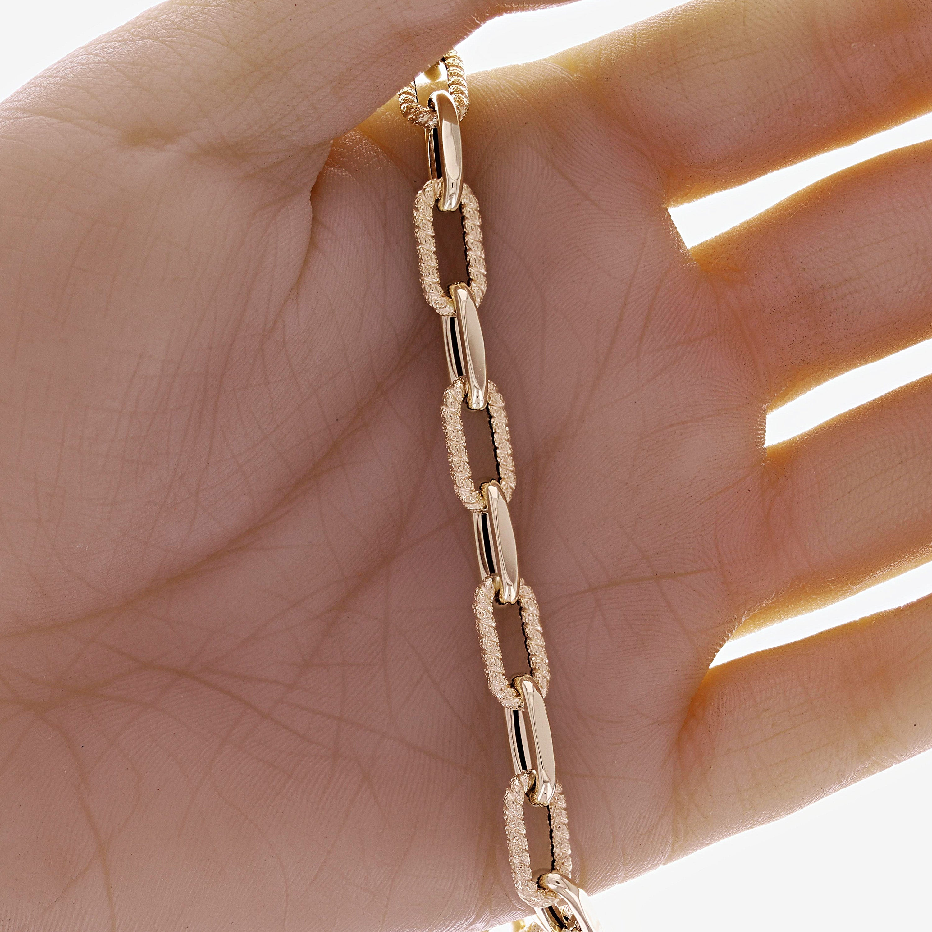 Italian 14k Yellow Gold Plain & Rope Paper Clip Link Bracelet 8" 7mm 5.3 grams