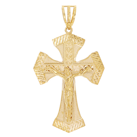14k Yellow Gold Religious INRI Jesus Christ 3D Big Cross Pendant 3.2