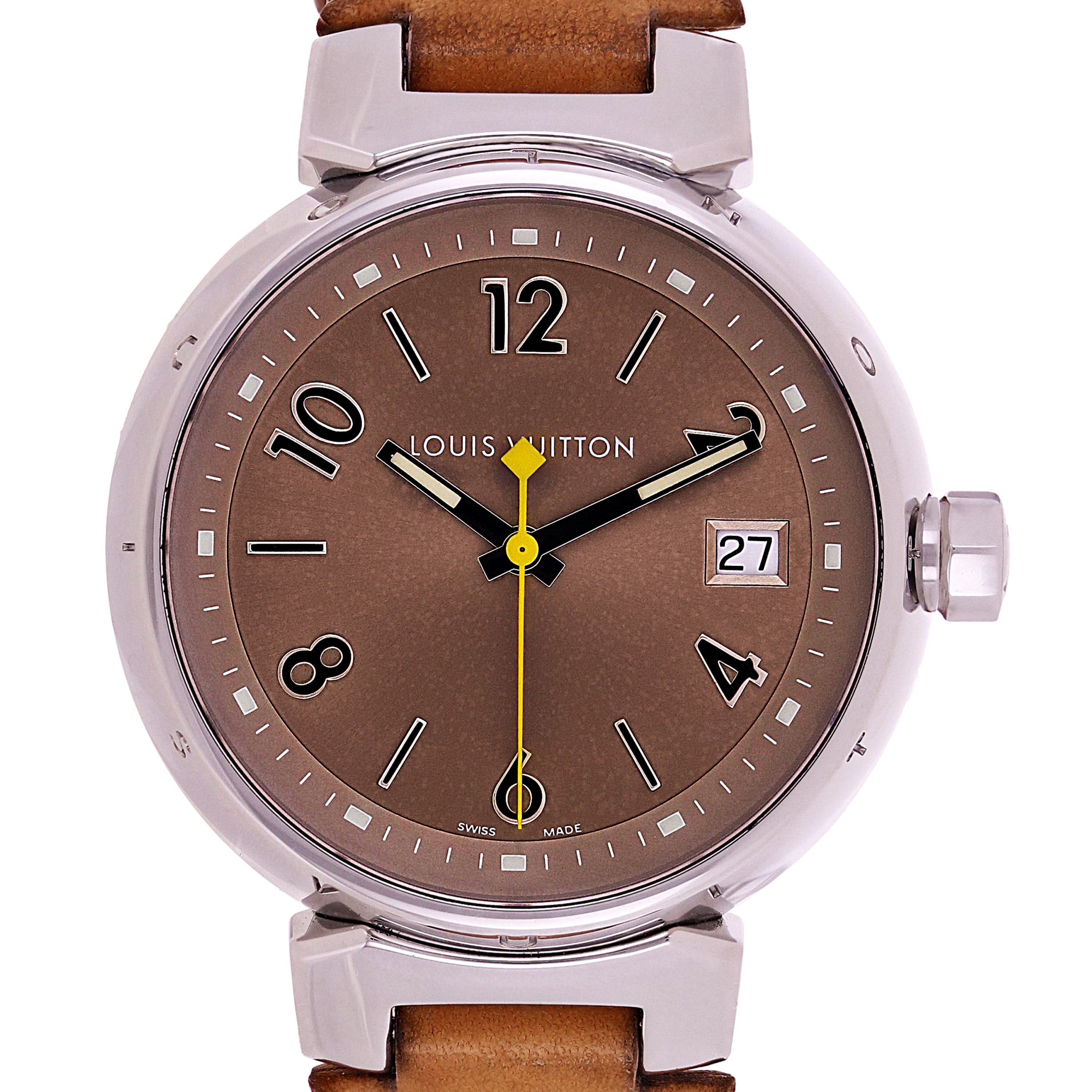 Louis Vuitton Ladies Tambour Quartz Tan Leather Strap
