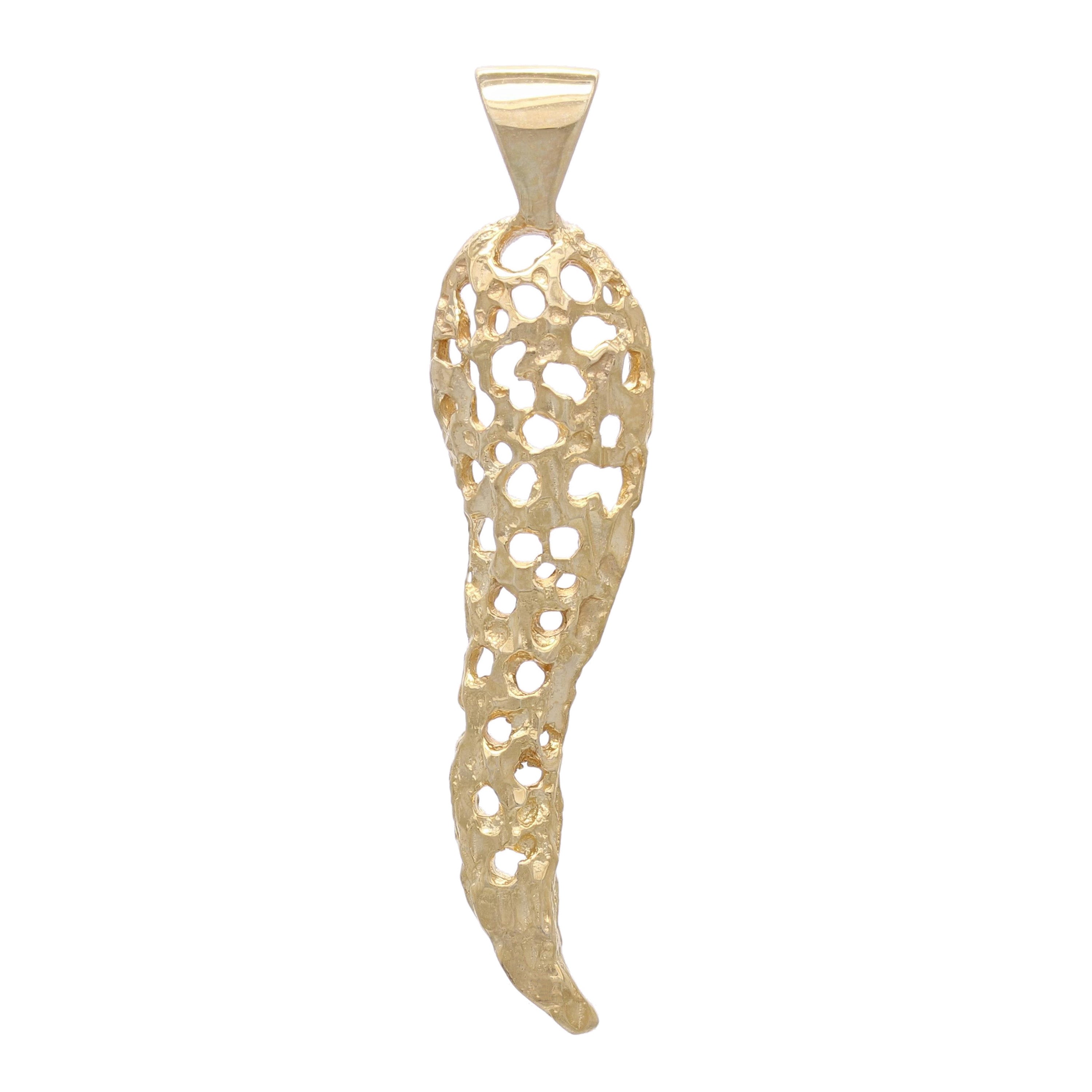 14k Yellow Gold Nugget Italian Horn Pendant Good Luck Charm 1.5" 2 grams - Yellow