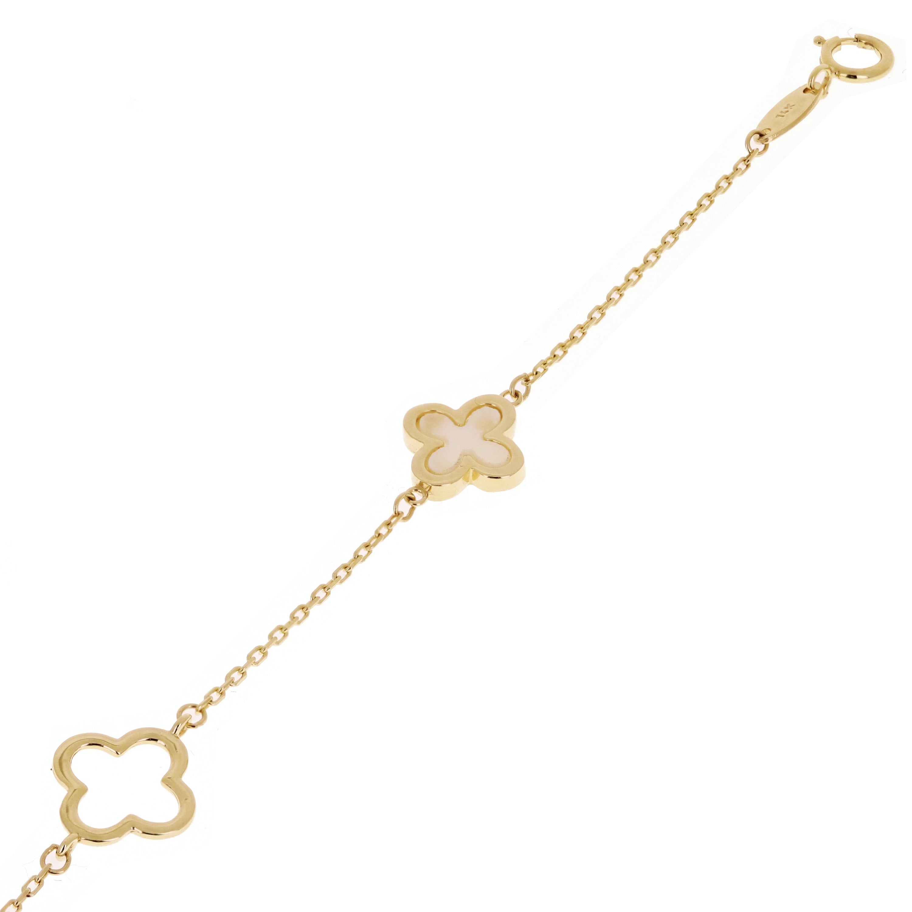 Italian 14k Yellow Gold Pearl Flower Charm Station Bracelet 7" 1.8 grams