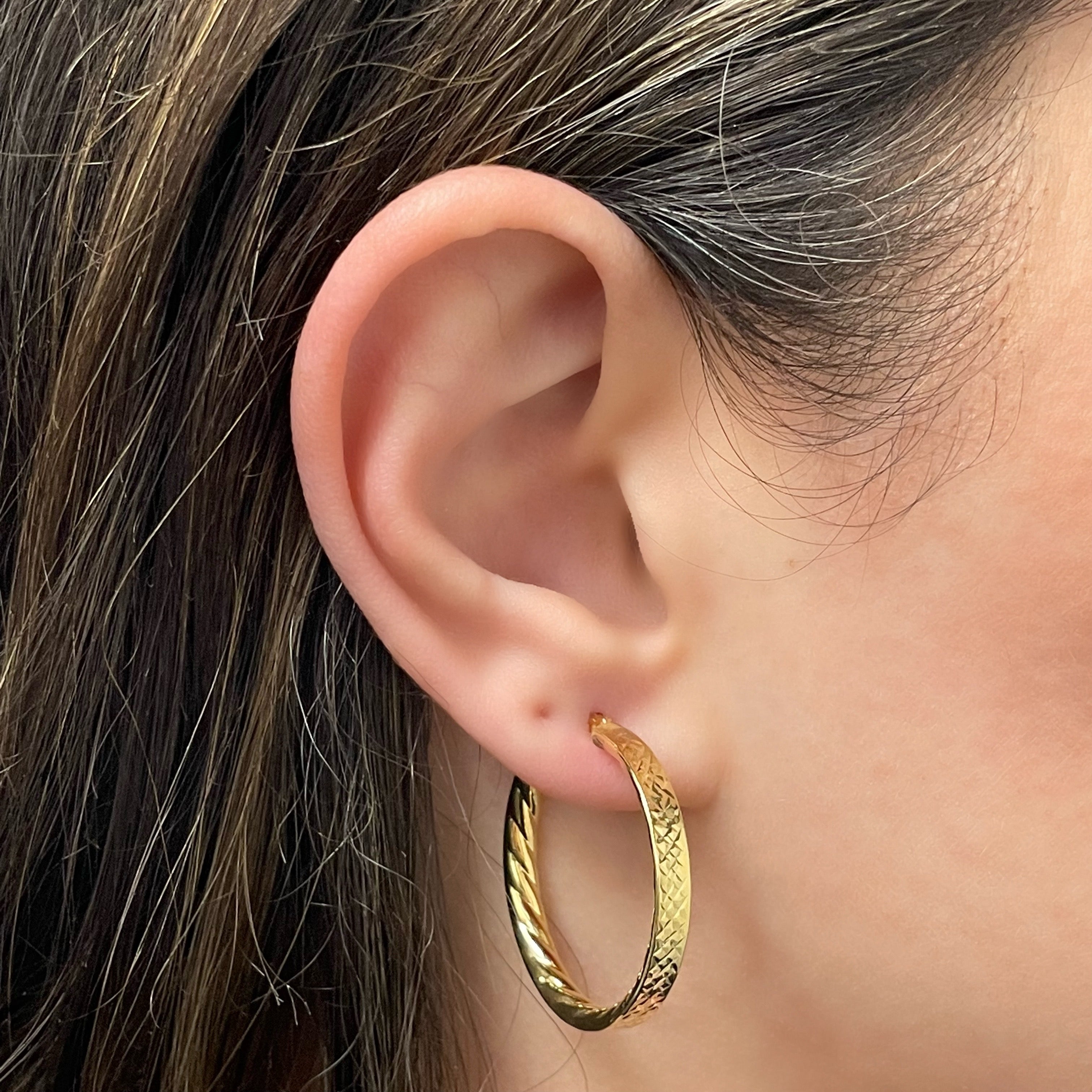 Italian 14k Yellow Gold Hollow Flat Tube Hoop Earrings 1.2" 3.7mm 3.3 grams