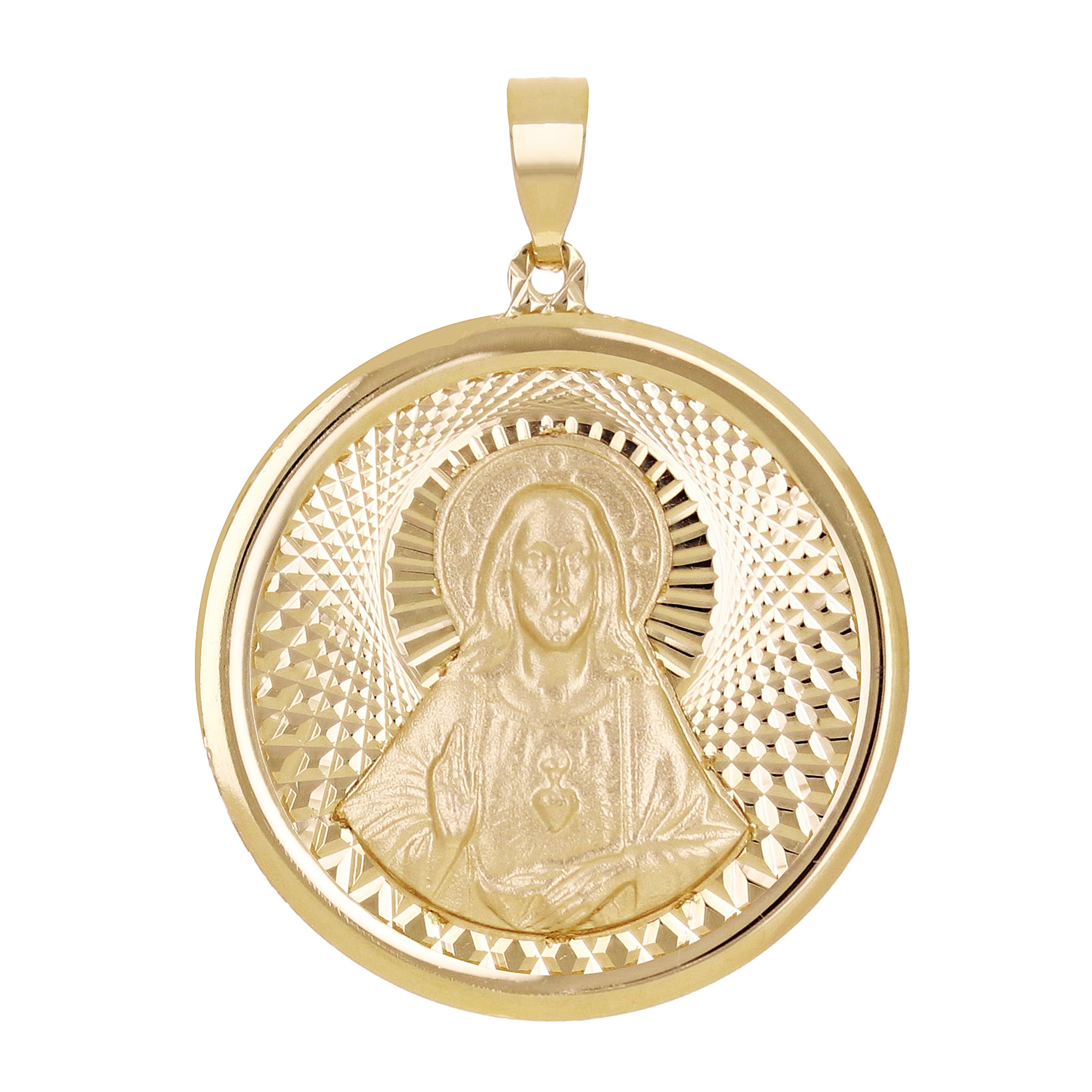 Italian 14k Yellow Gold Sacred Heart of Jesus Medal Charm Pendant 1.1" 2.5 grams