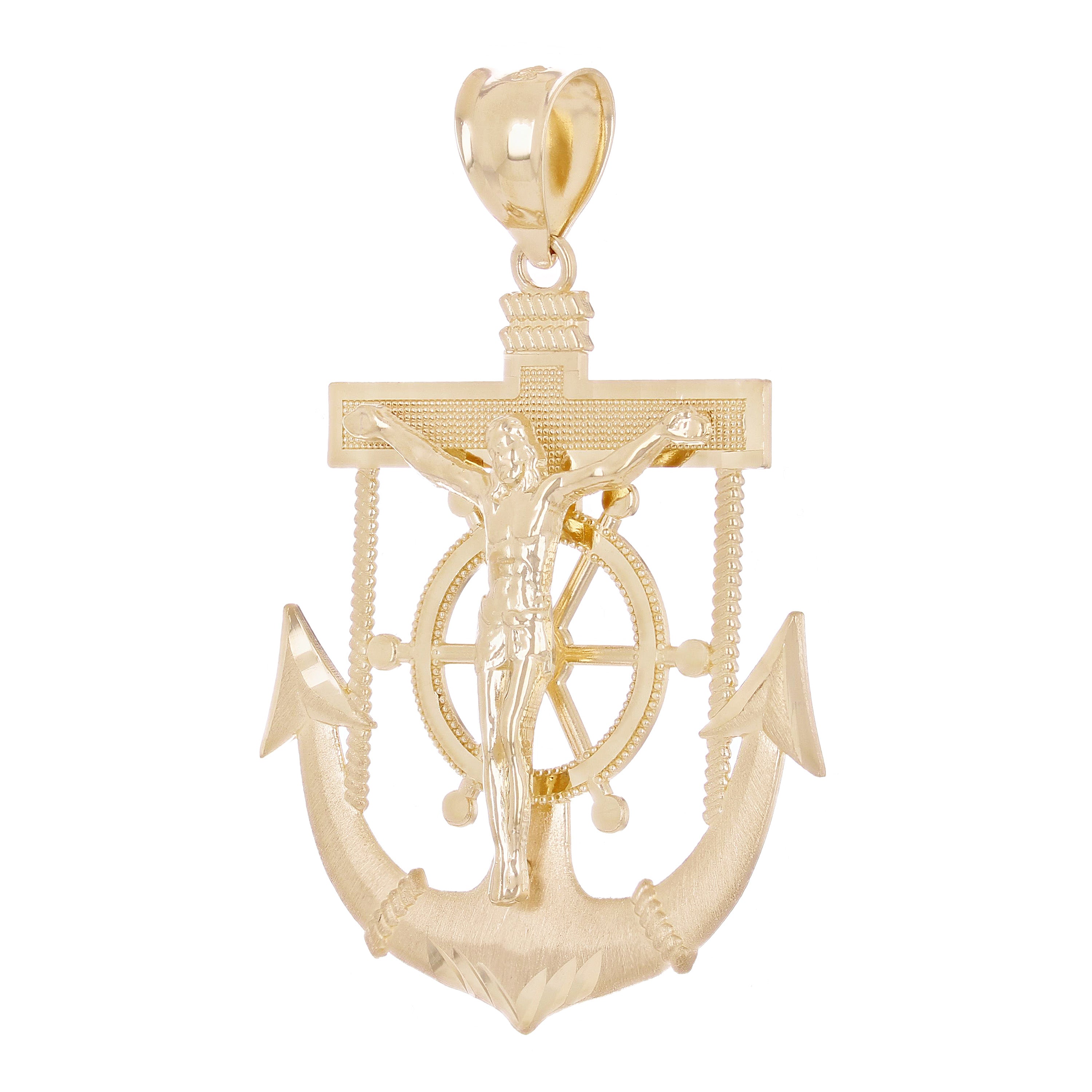 14k Yellow Gold Jesus Christ  Cross Anchor Ship Mariners Pendant 2.1" 6.3 grams