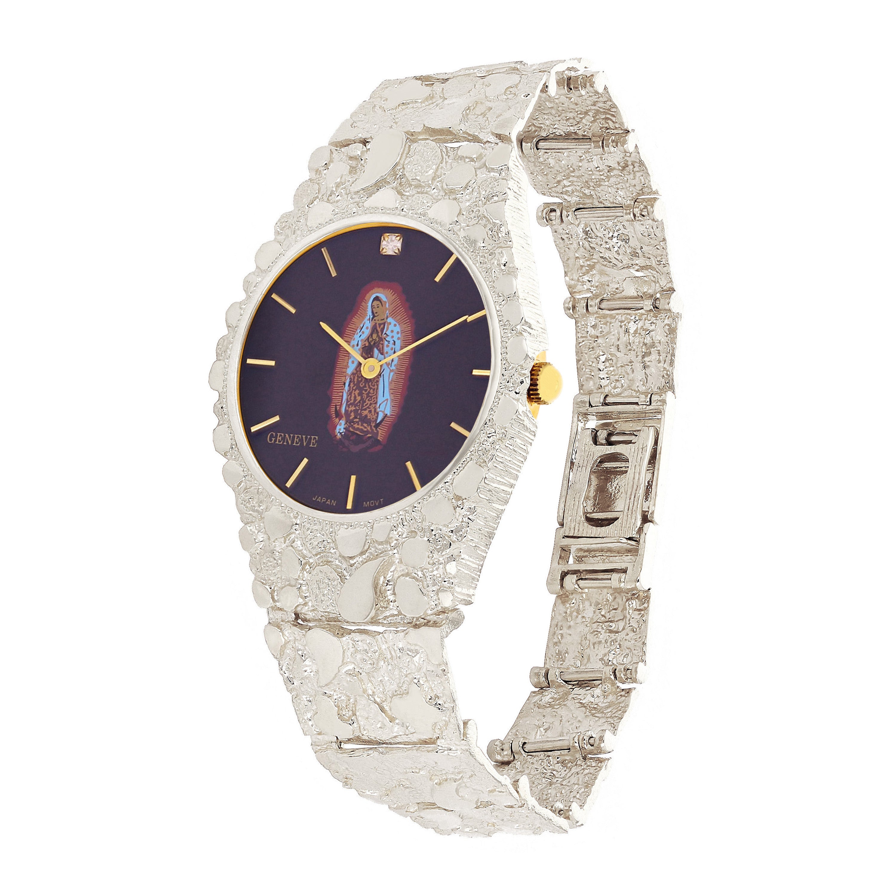 925 Sterling Silver Nugget Link Band Geneve Guadalupe Diamond Watch 8-8.5" 48 grams - 8" 48 grams