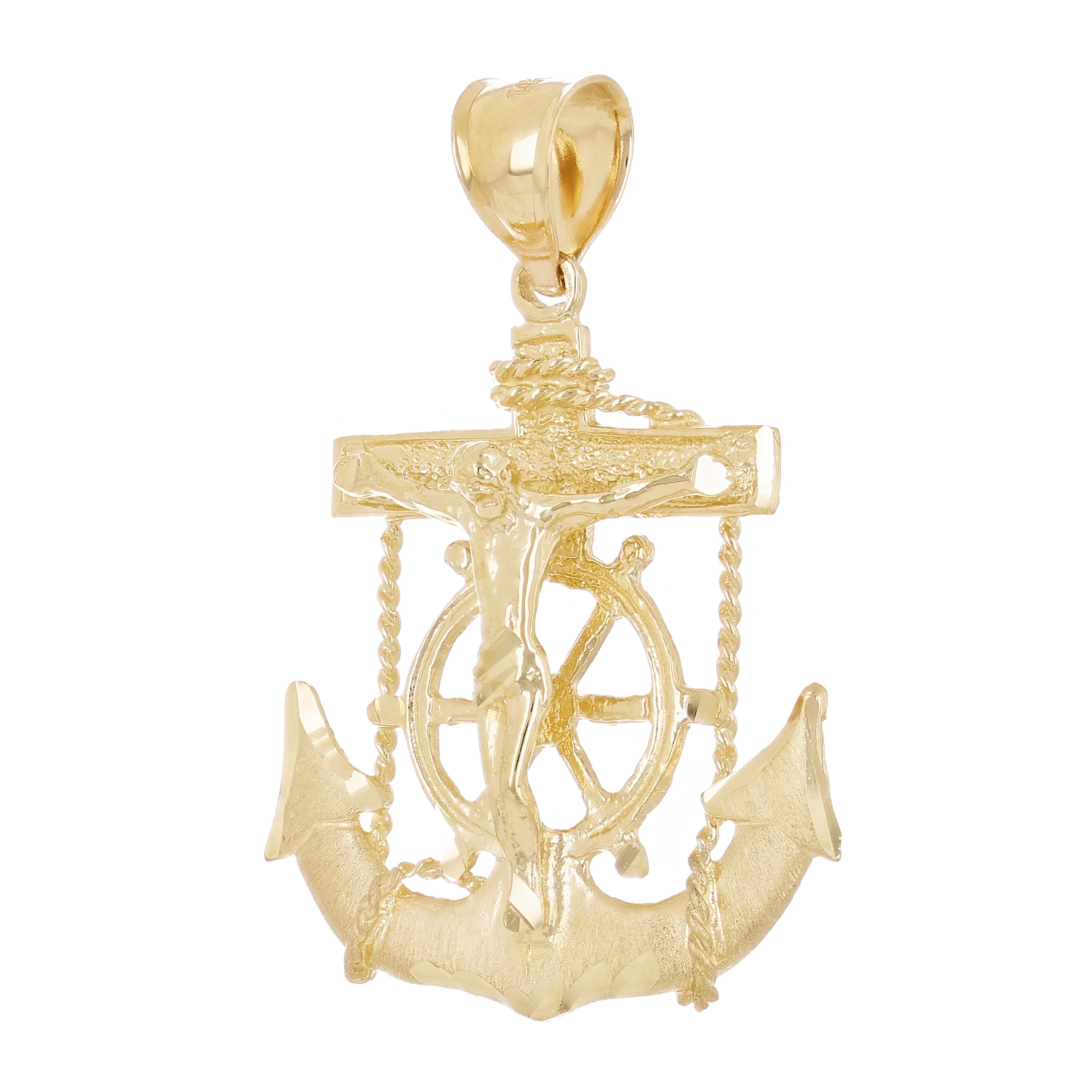 14k Yellow Gold Jesus Christ  Cross Anchor Ship Mariners Pendant 1.5" 5.1 grams