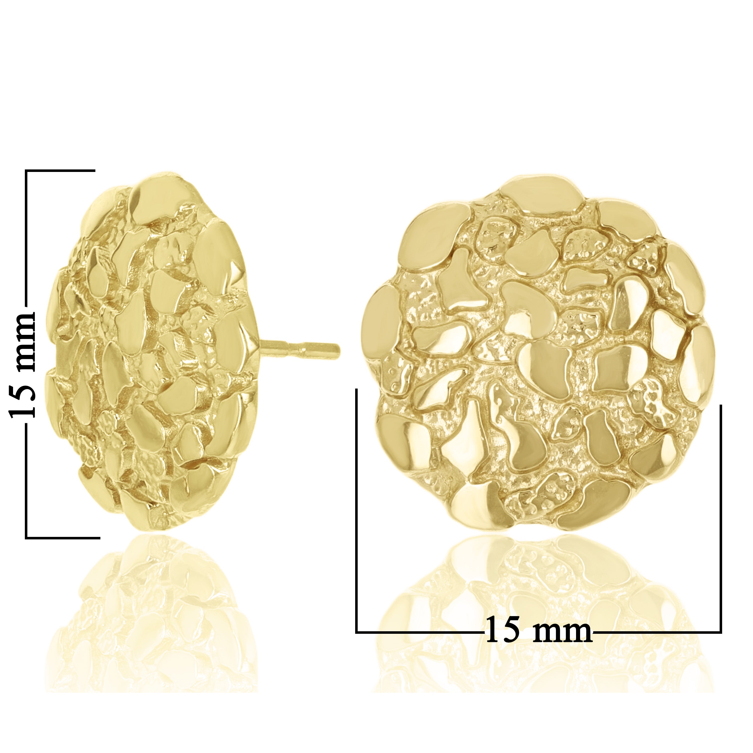 14k Yellow Gold Solid Round Nugget Stud Earrings 15mm 3.5 grams